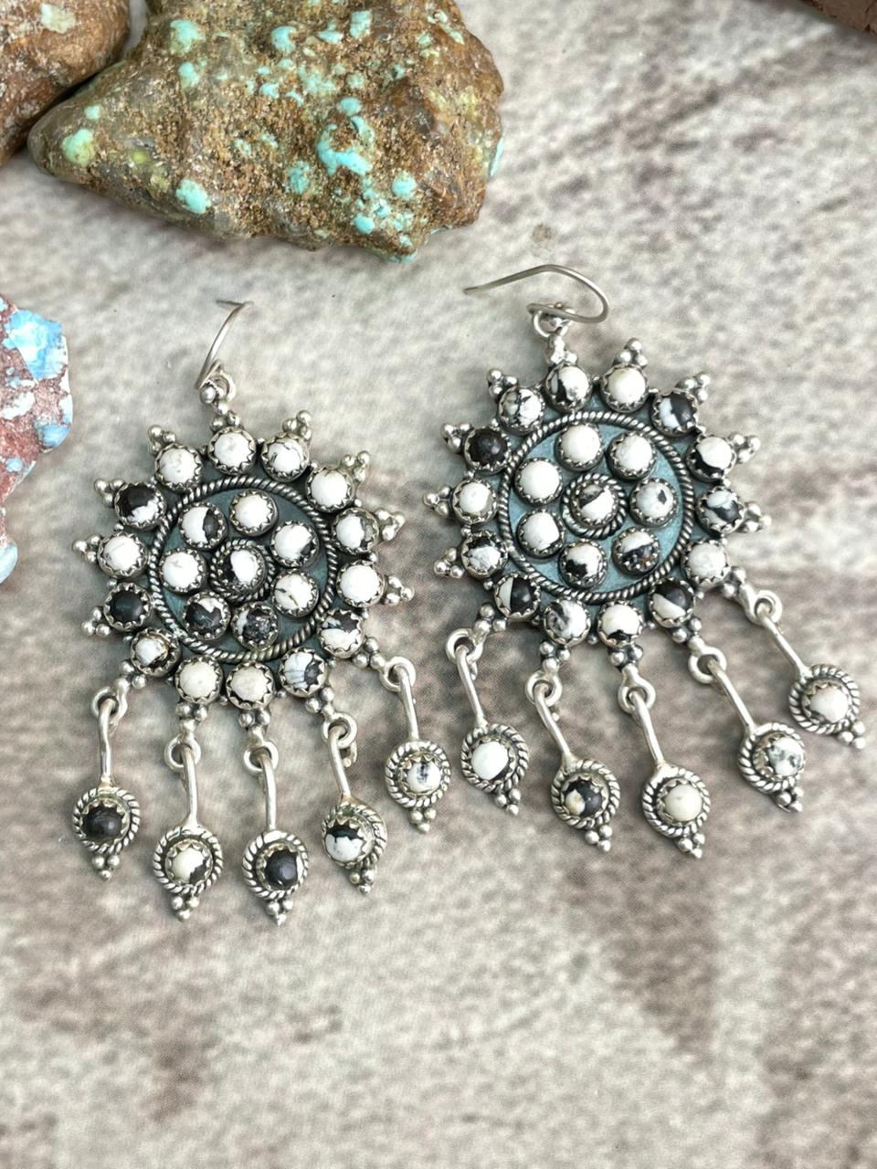 Handmade Sterling Silver White Buffalo Hook Dangle Earrings with Signed Nizhoni