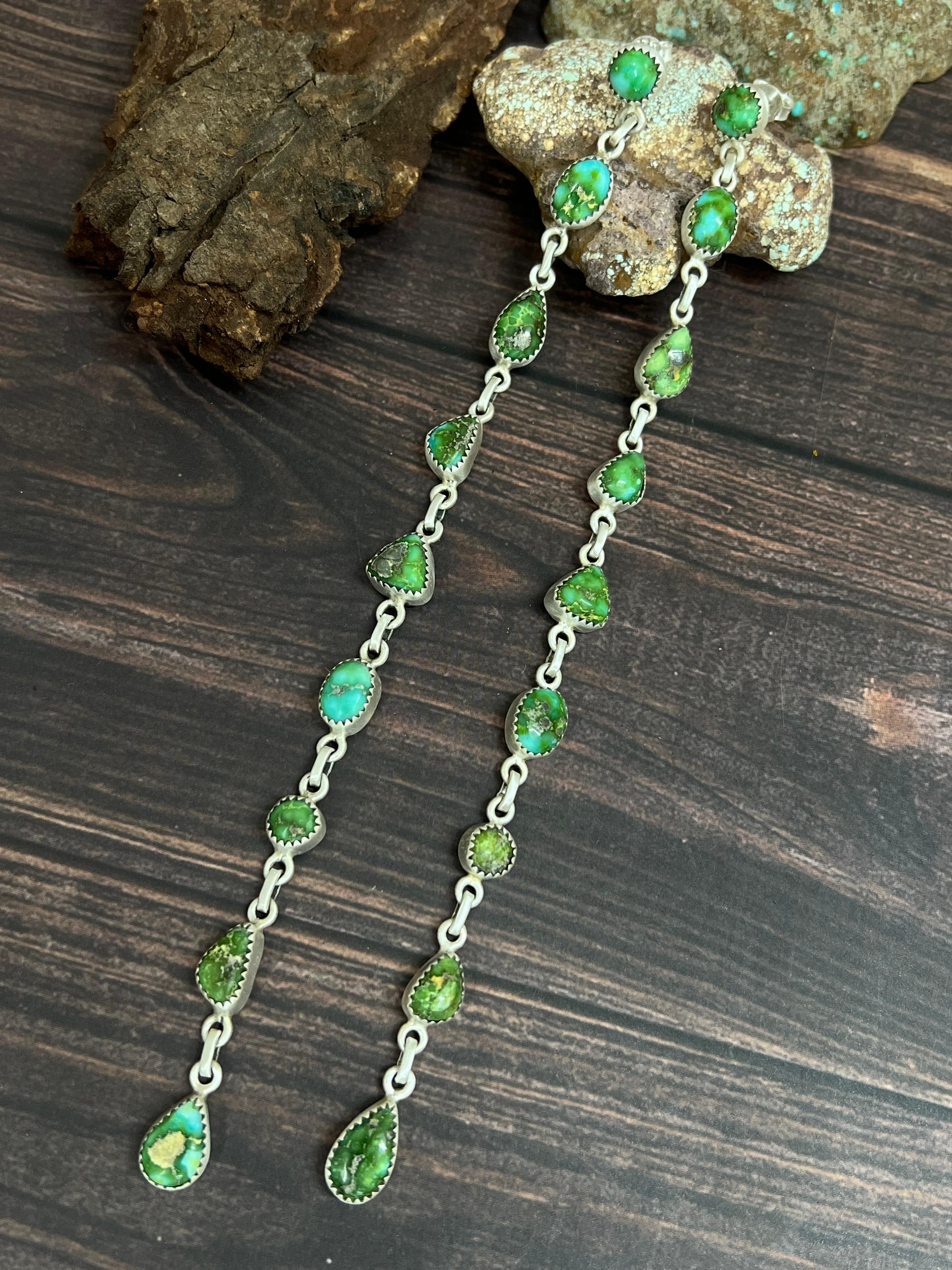 Handmade Sterling Silver Sonoran Mountain Turquoise Post Dangle Earrings with Signed Nizhoni