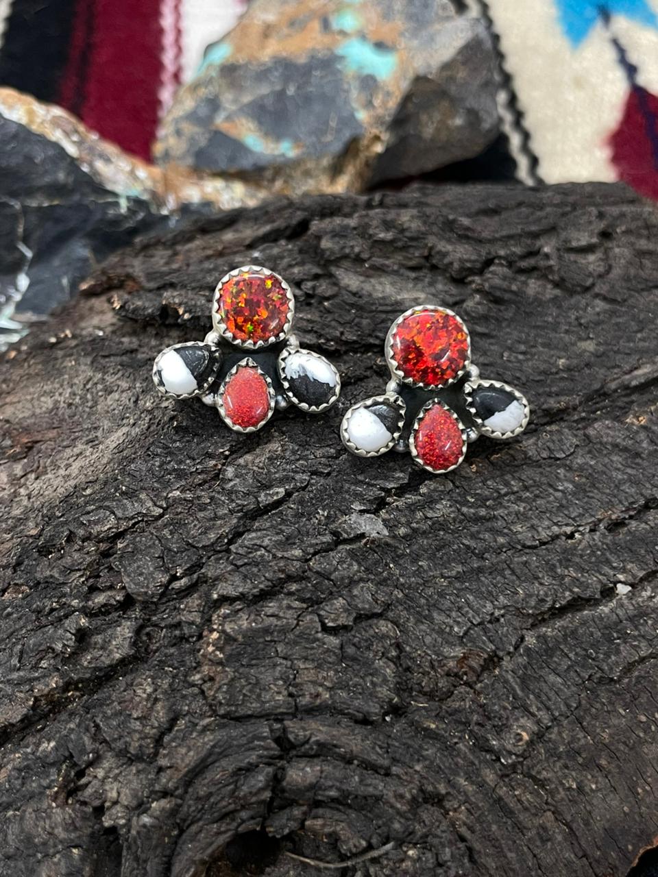 "Christmas Collection" Handmade Sterling Silver White Buffalo with Red Opal Studs Earrings "Signed Nizhoni"