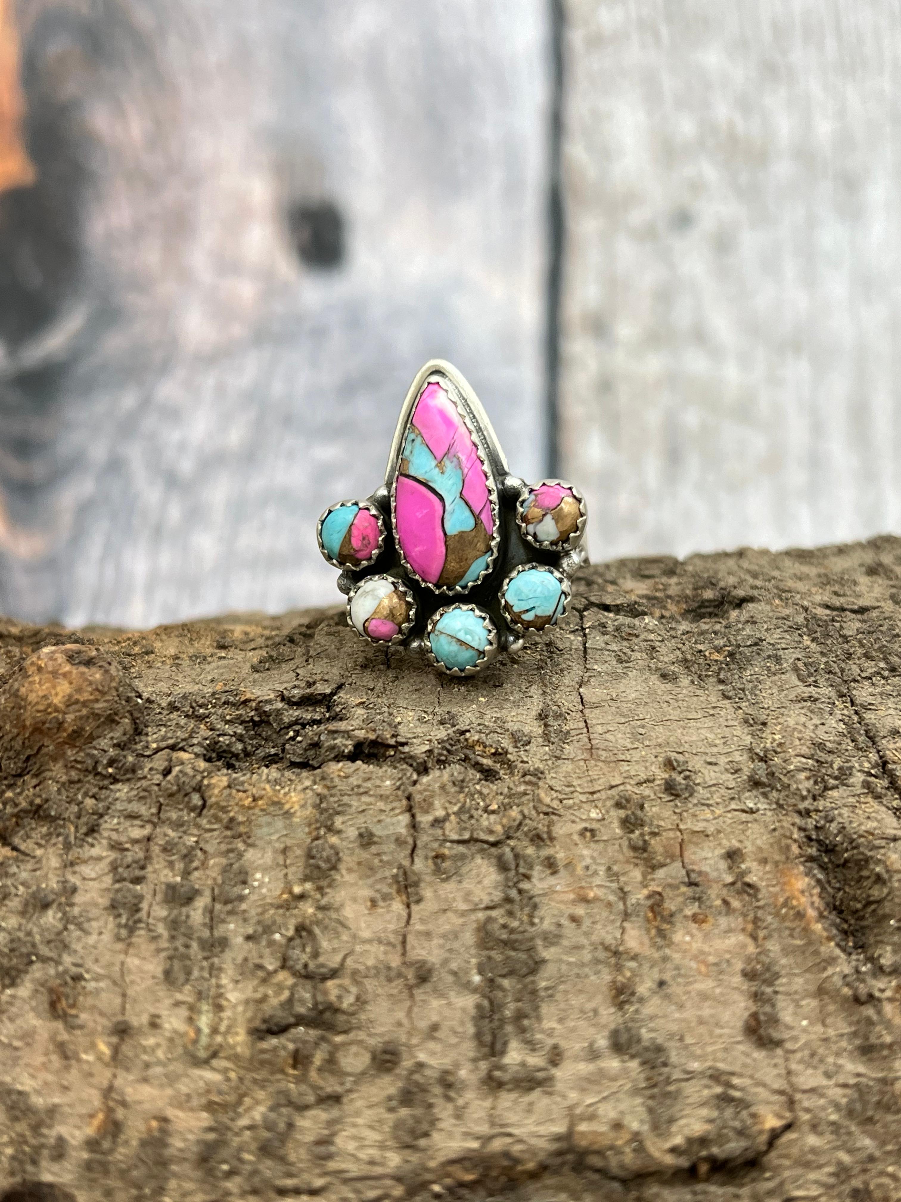 Handmade Sterling Silver Cotton Candy Turquoise Adjustable Ring with Signed Nizhoni