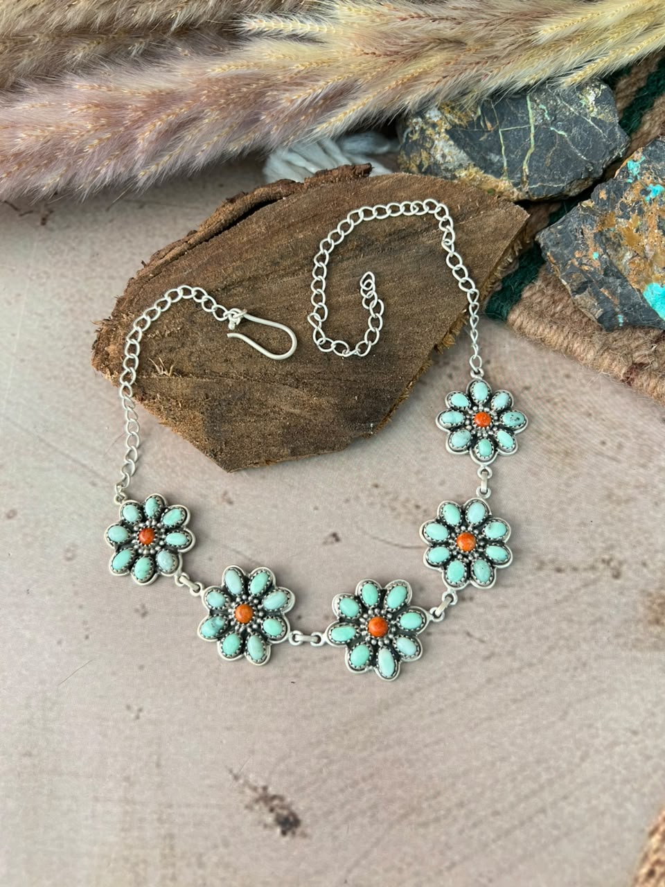 Handmade Sterling Silver Paloma Turquoise with Orange Mojave Choker Necklace Signed Nizhoni