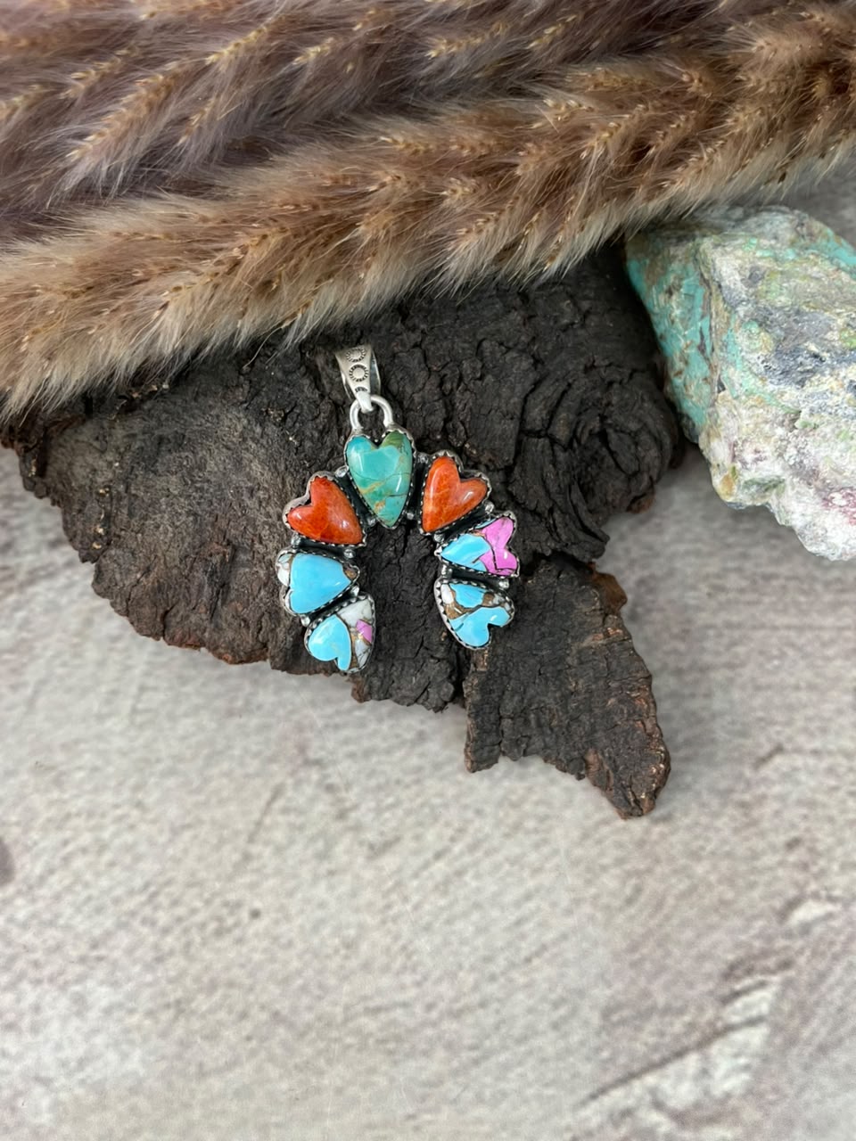 Handmade Sterling Silver Orange Mojave with Kingman Turquoise and Cotton Candy Naja Pendant Signed Nizhoni