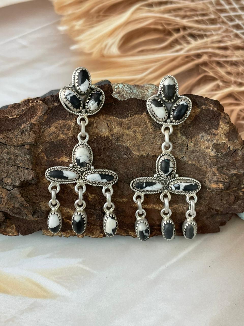 Handmade Sterling Silver White Buffalo Post Dangle Earrings "Signed Nizhoni"