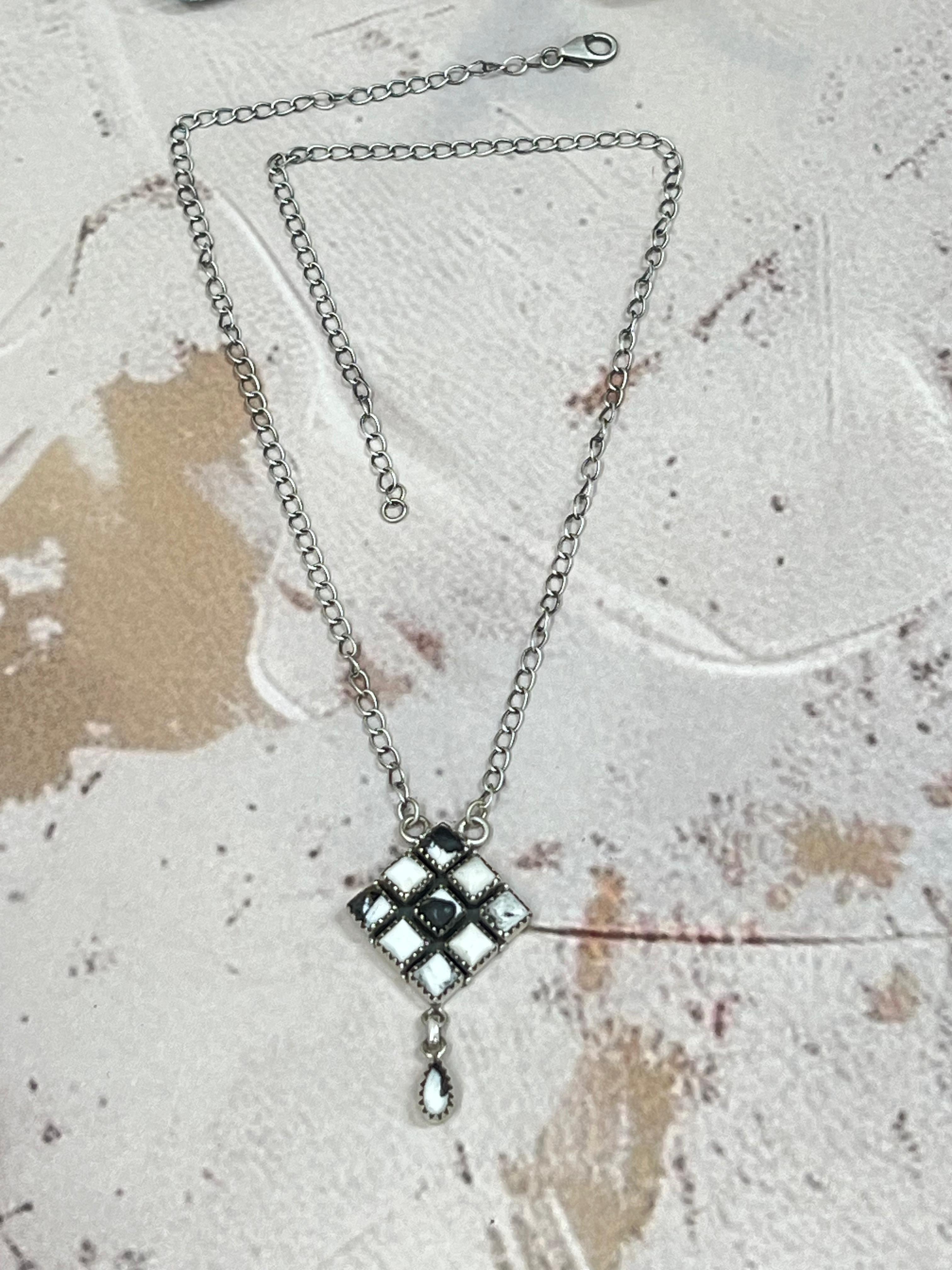 Handmade Sterling Silver White Buffalo Turquoise Necklace with Signed Nizhoni