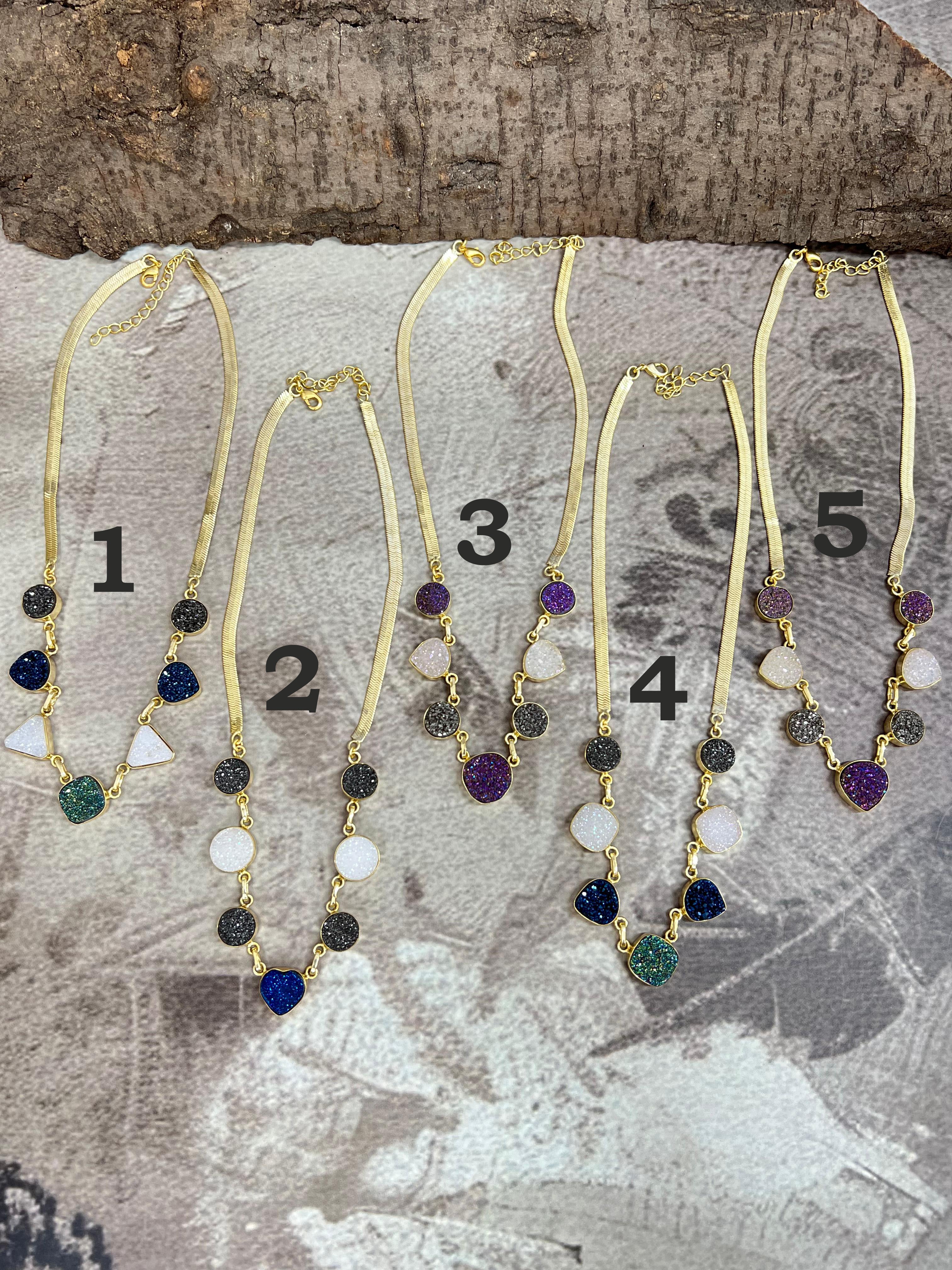 “The Boho Collection” Handmade Natural Druzy Herringbone Necklace