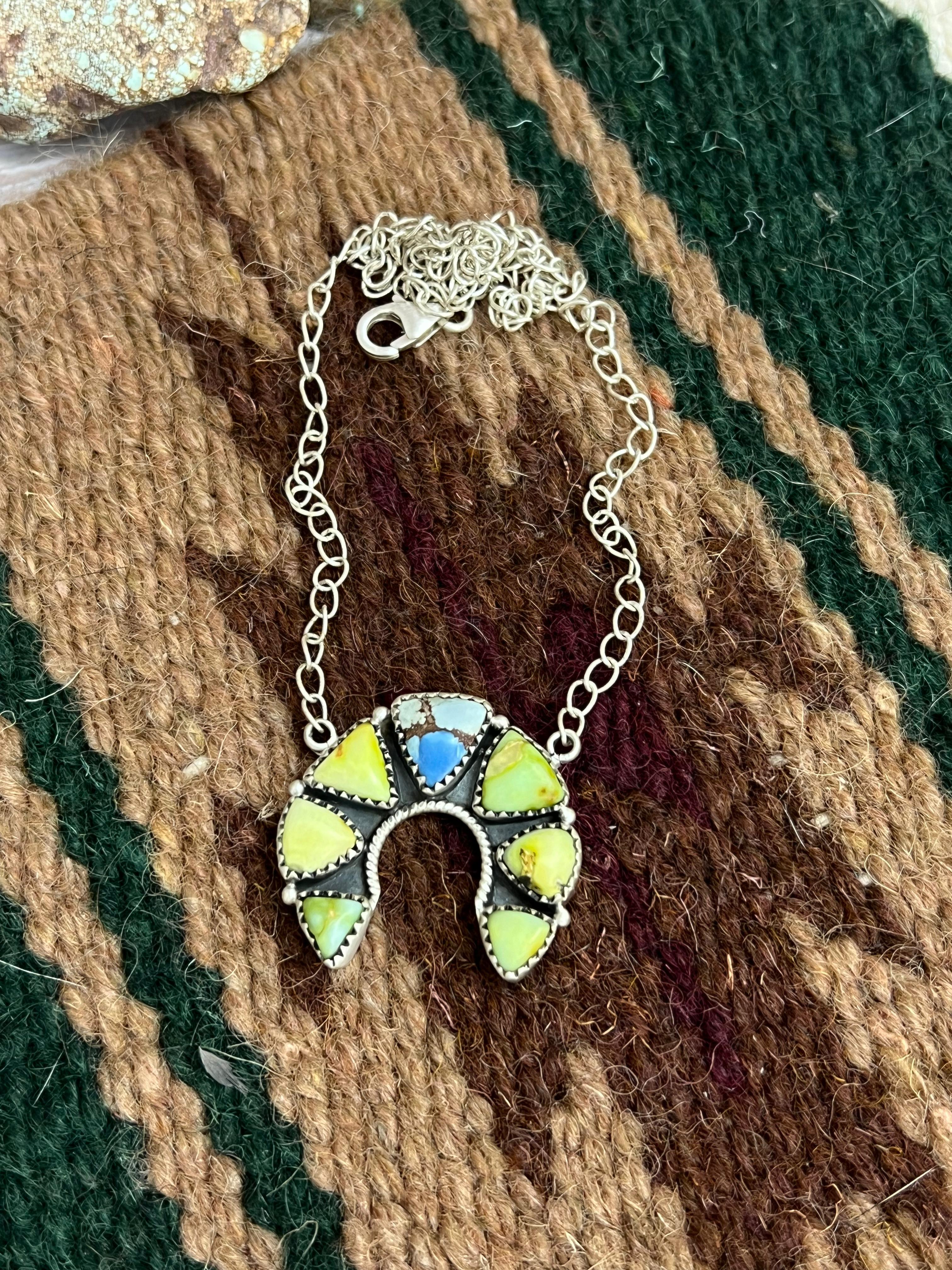 Handmade Sterling Silver Palomino, Golden Hills Turquoise Naja Necklace with Signed Nizhoni