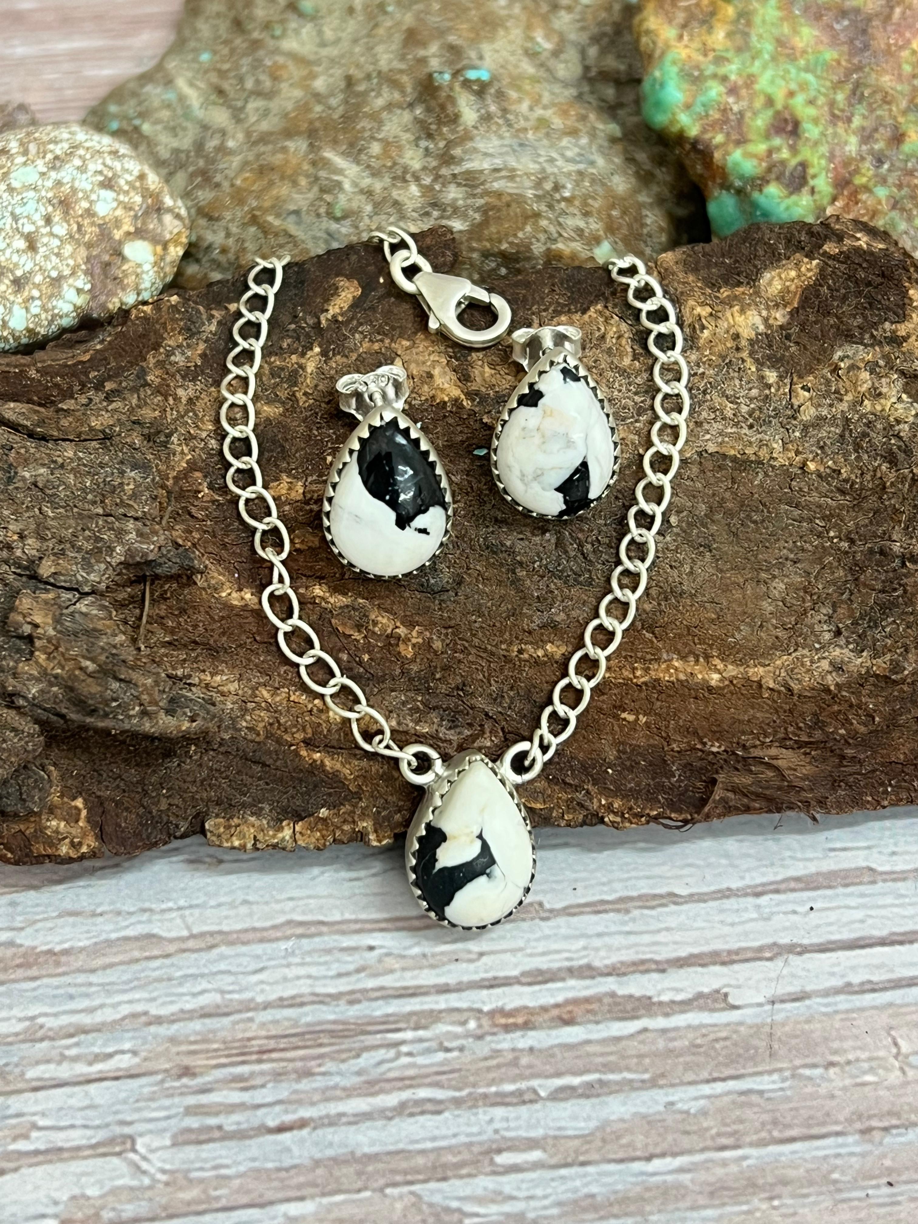 Handmade Sterling Silver White Buffalo Necklace Earrings Set with Signed Nizhoni