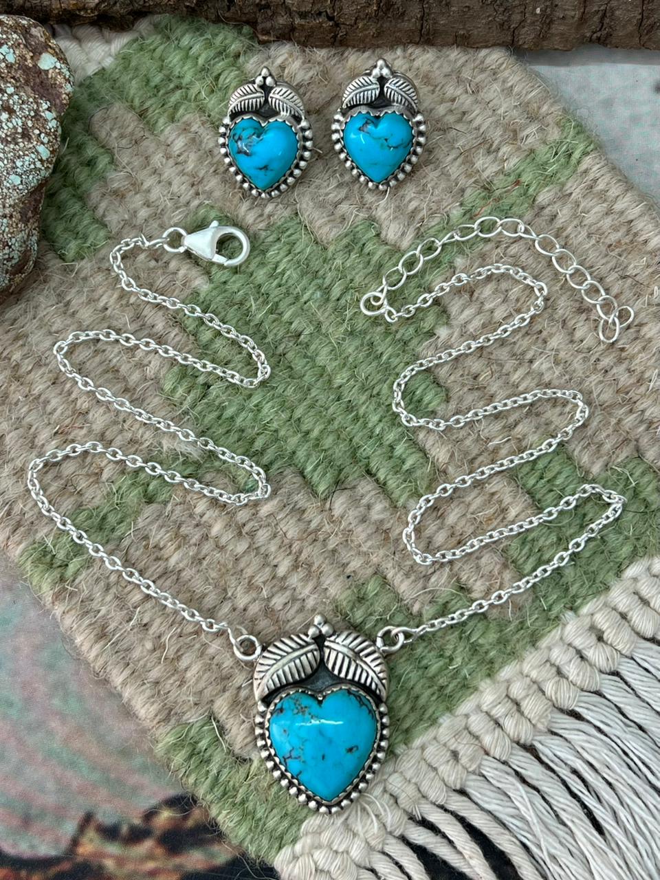 Handmade Sterling Silver Blue Matrix Necklace Earrings Set "Signed Nizhoni"