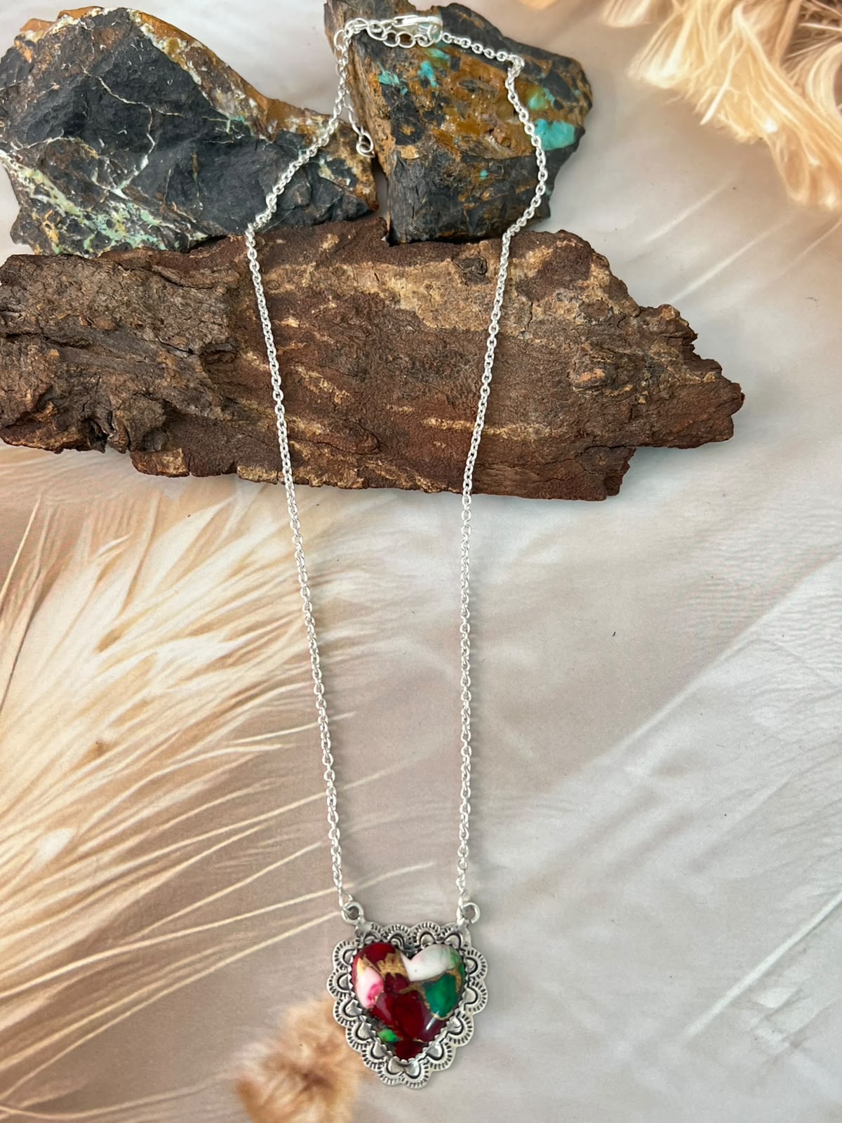 Handmade Sterling Silver Christmas Dahlia Collection: Heart Necklace Signed Nizhoni