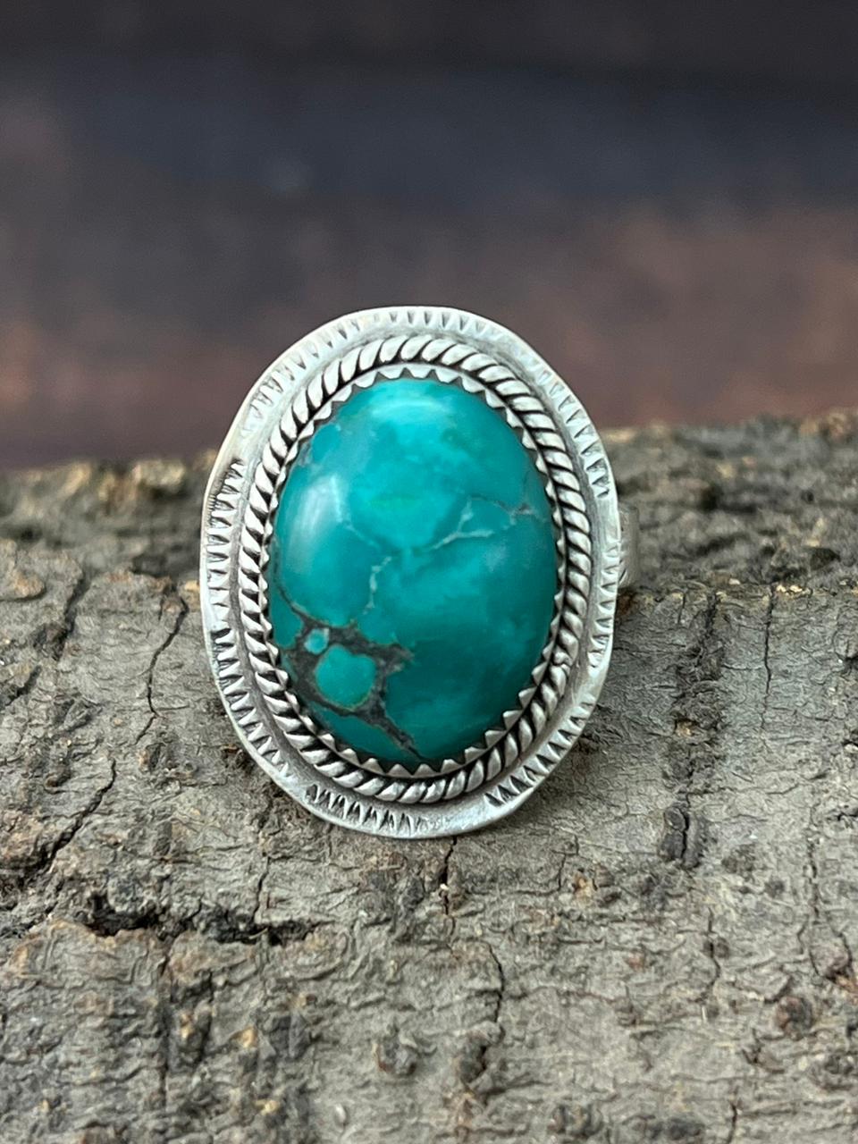 Handmade Sterling Silver Hubai Turquoise Adjustable Ring "Signed Nizhoni"