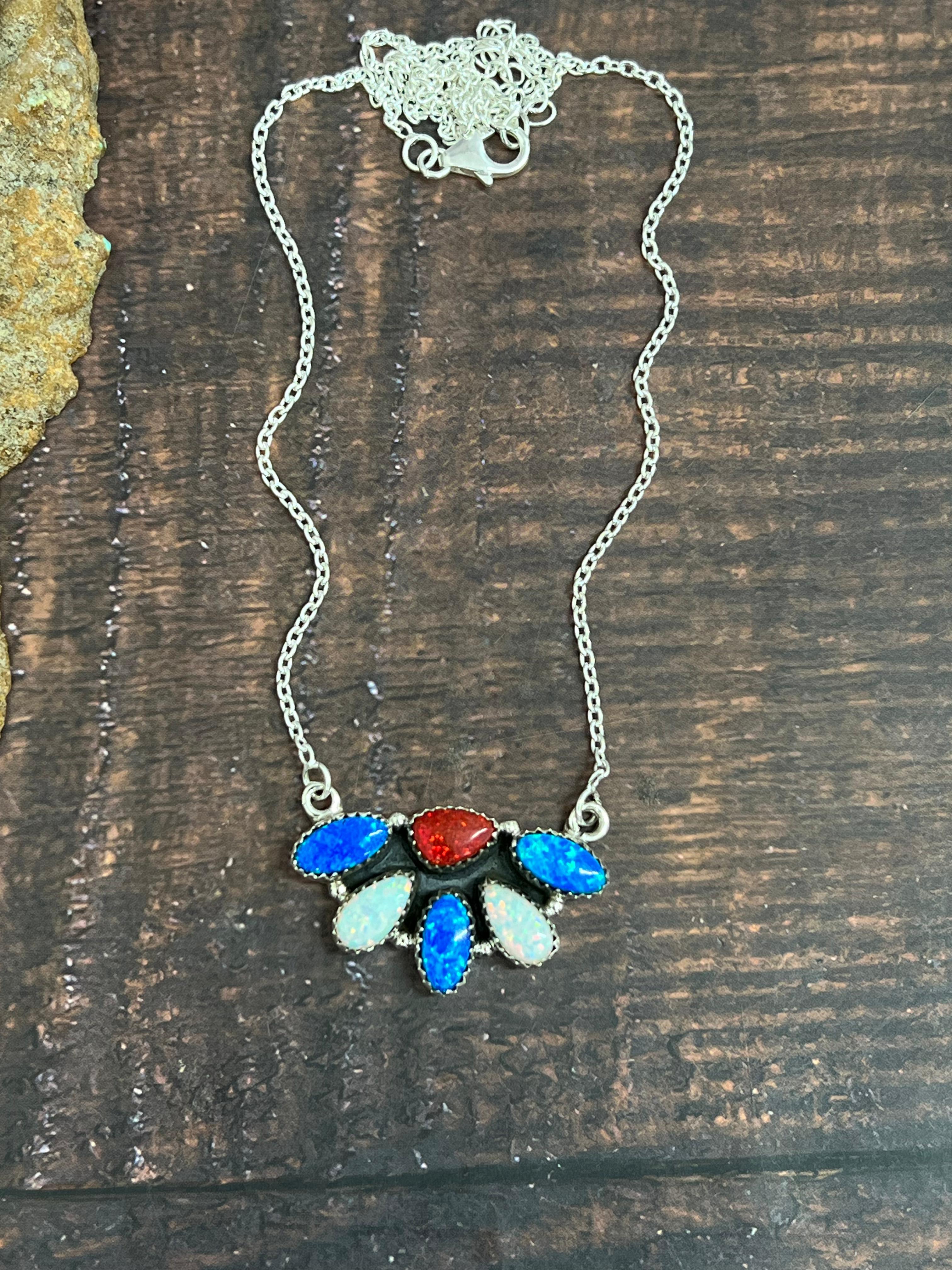 ** 4TH OF JULY ** Handmade Sterling Silver Synthetic Opal Necklace with Signed Nizhoni