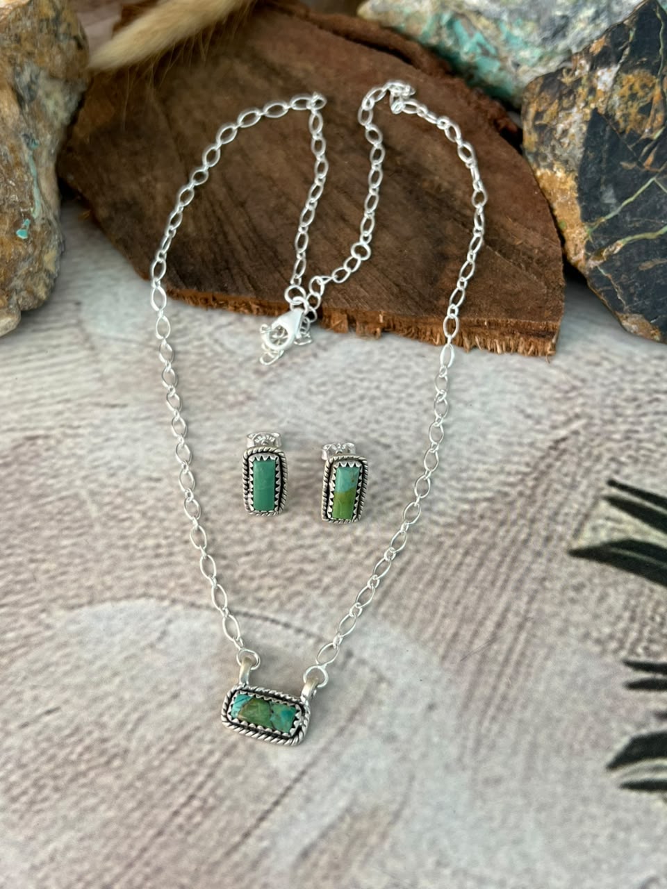 Handmade Sterling Silver Kingman Turquoise Necklace and Earrings Set Signed Nizhoni