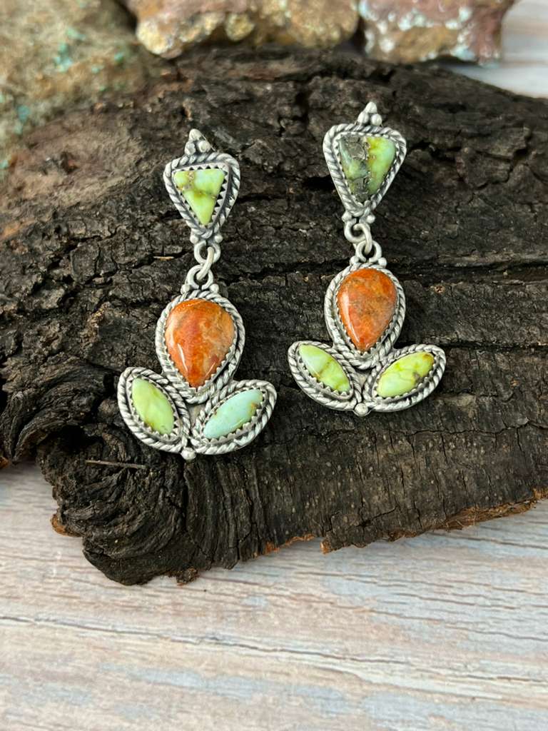 Handmade Sterling Silver Apple Coral and Palomino Post Dangle Earrings "Signed Nizhoni"