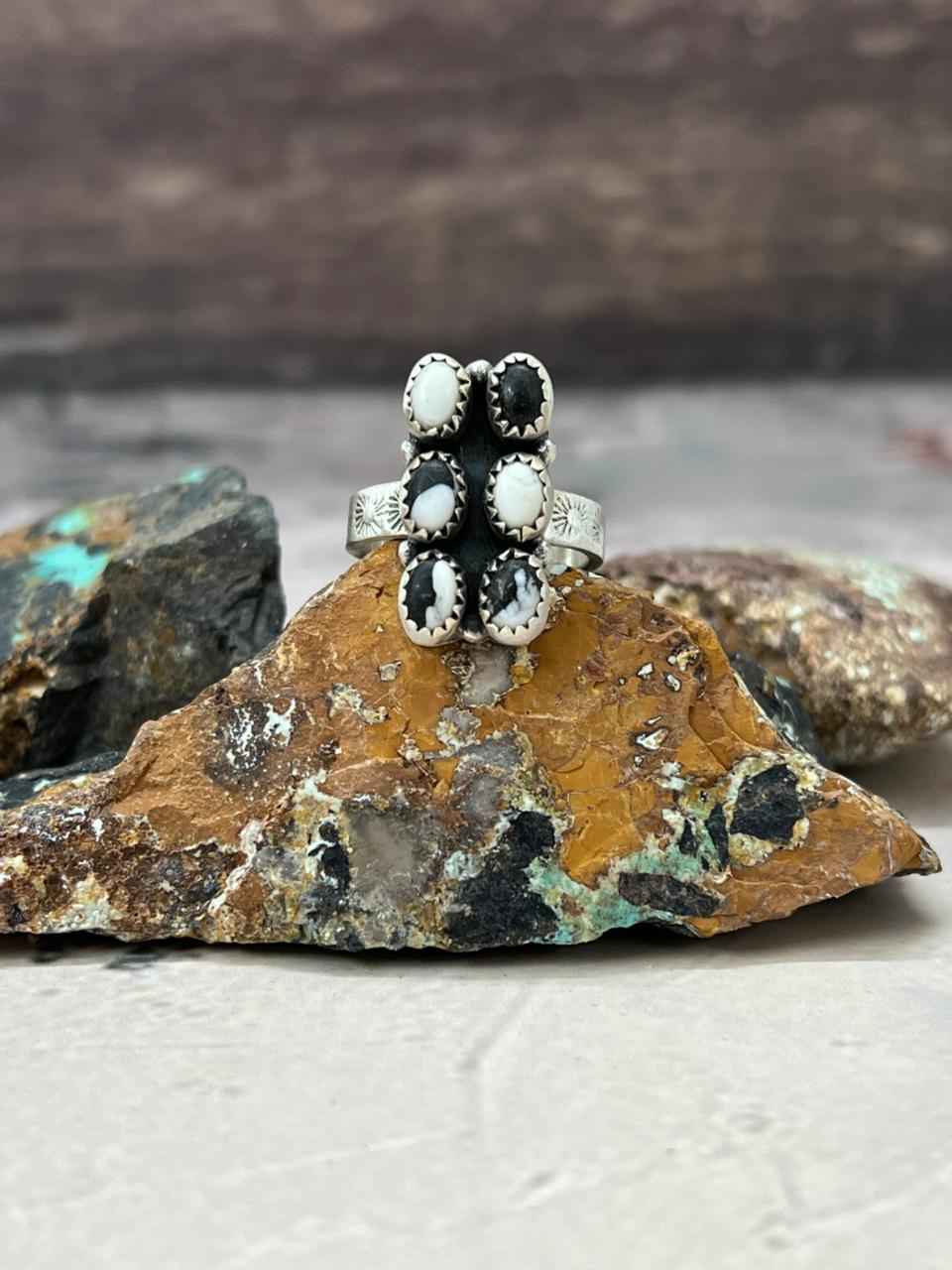 Handmade Sterling Silver White Buffalo Turquoise Adjustable Ring "Signed Nizhoni"