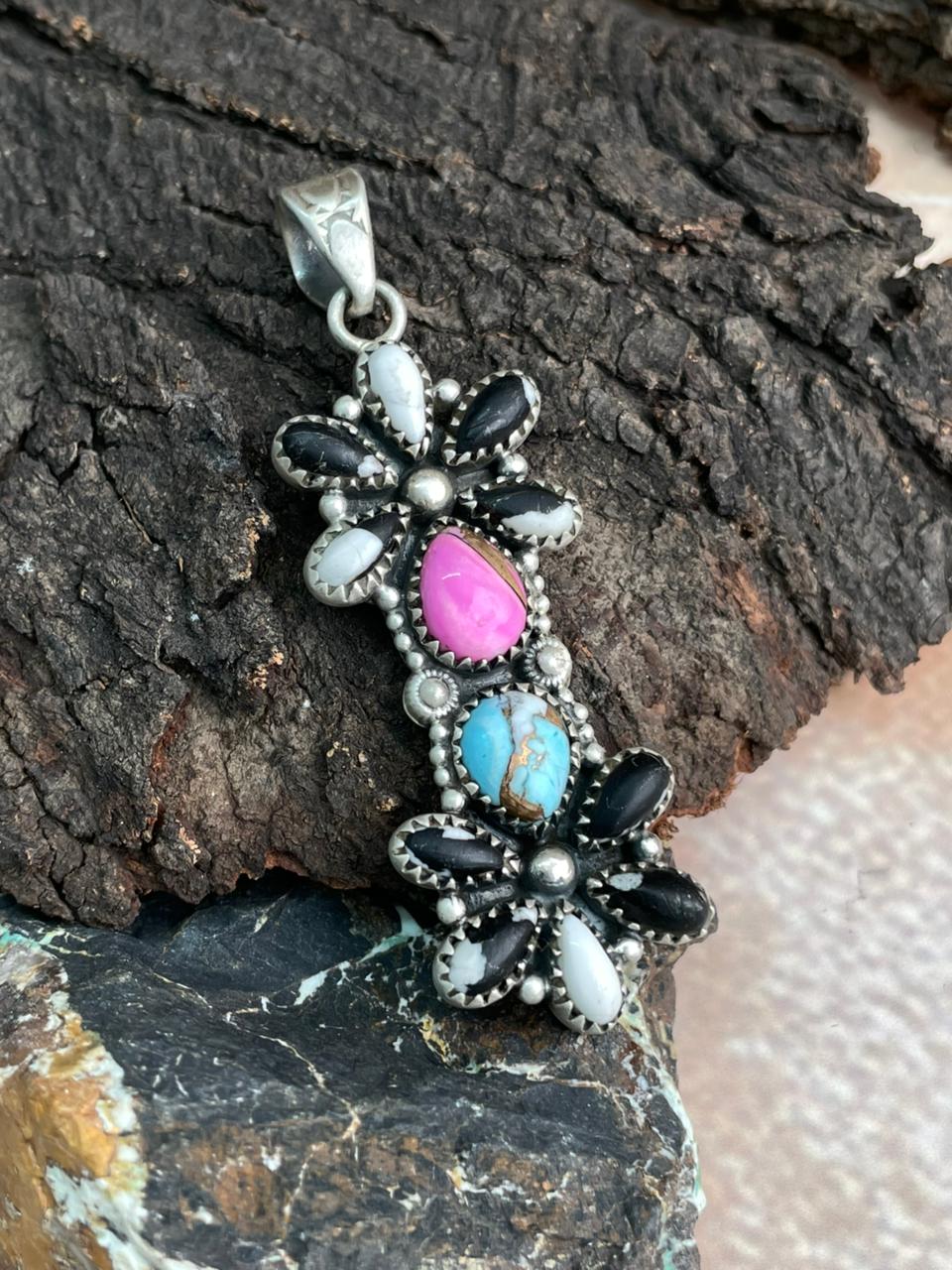 Added Handmade Sterling Silver White Buffalo with Cotton Candy Pendant "Signed Nizhoni"