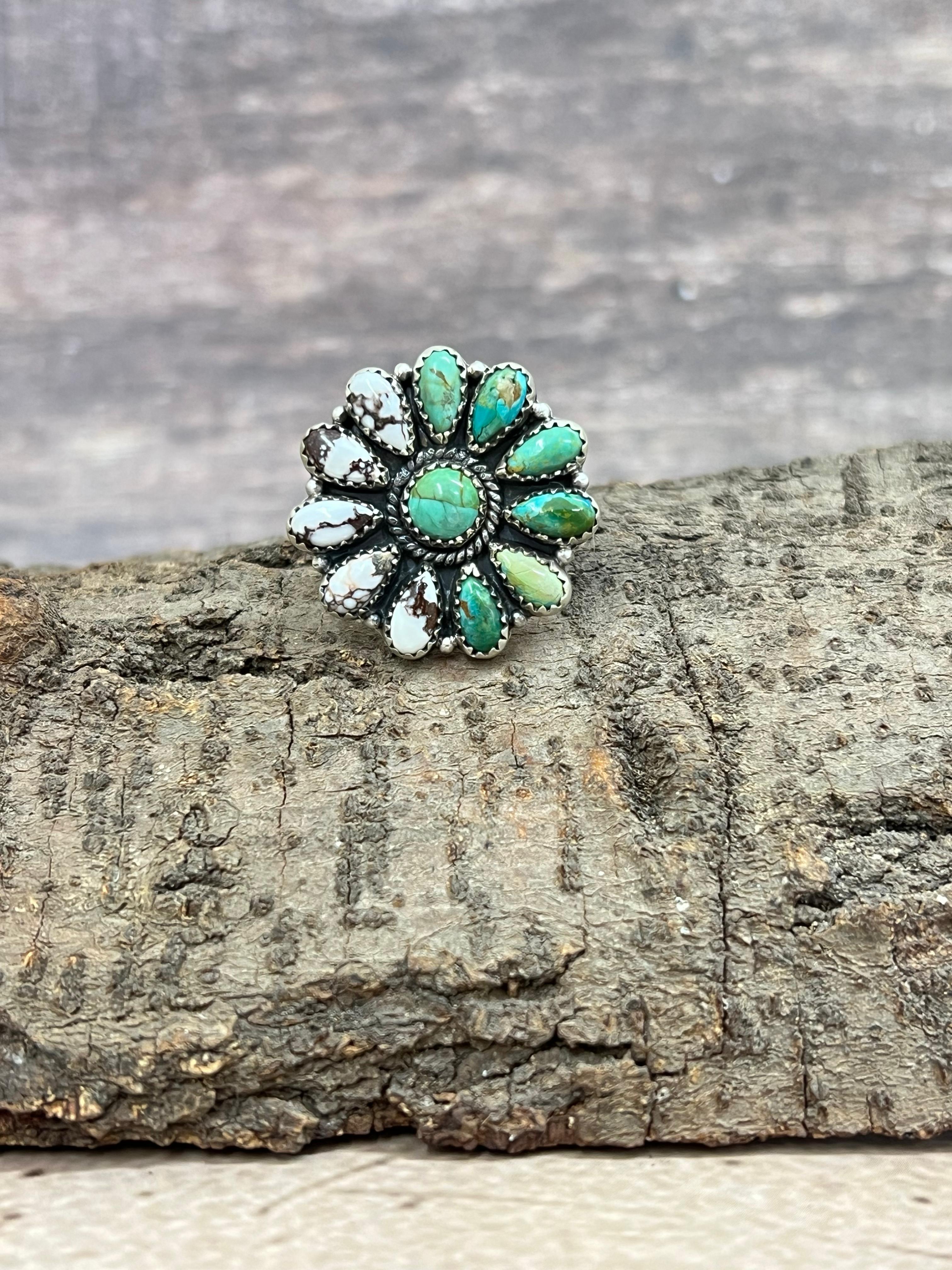 Handmade Sterling Silver Kingman Turquoise, Wild Horse Adjustable Ring with Signed Nizhoni