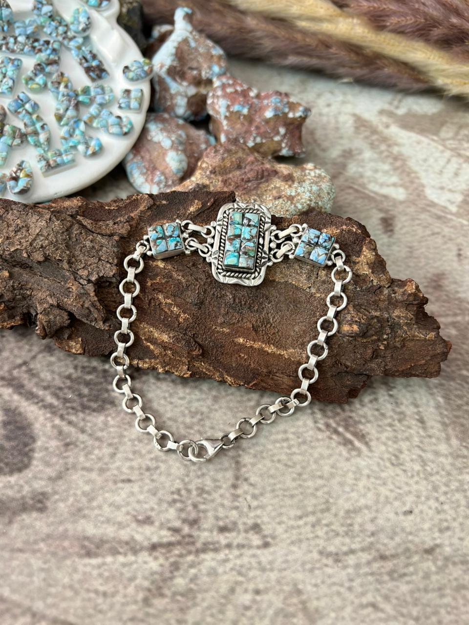 Handmade Sterling Silver Golden Hills Turquoise Cobble Collection Bracelet "Signed Nizhoni"