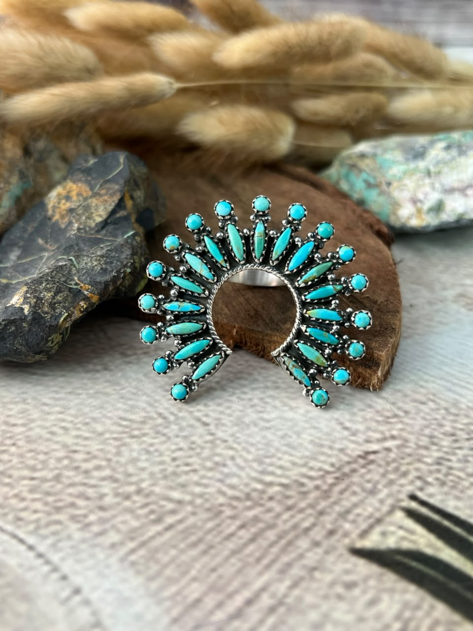 Handmade Sterling Silver Kingman Turquoise Naja Adjustable Ring Signed Nizhoni