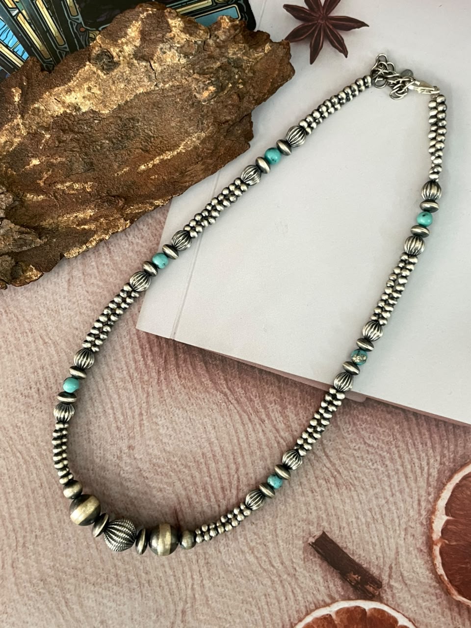 Handmade Sterling Silver Kingman Turquoise Beaded Necklace Signed Nizhoni