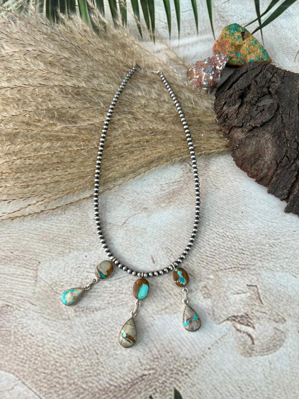 Handmade Sterling Silver Royston Ribbon Turquoise Beaded Necklace "Signed Nizhoni"