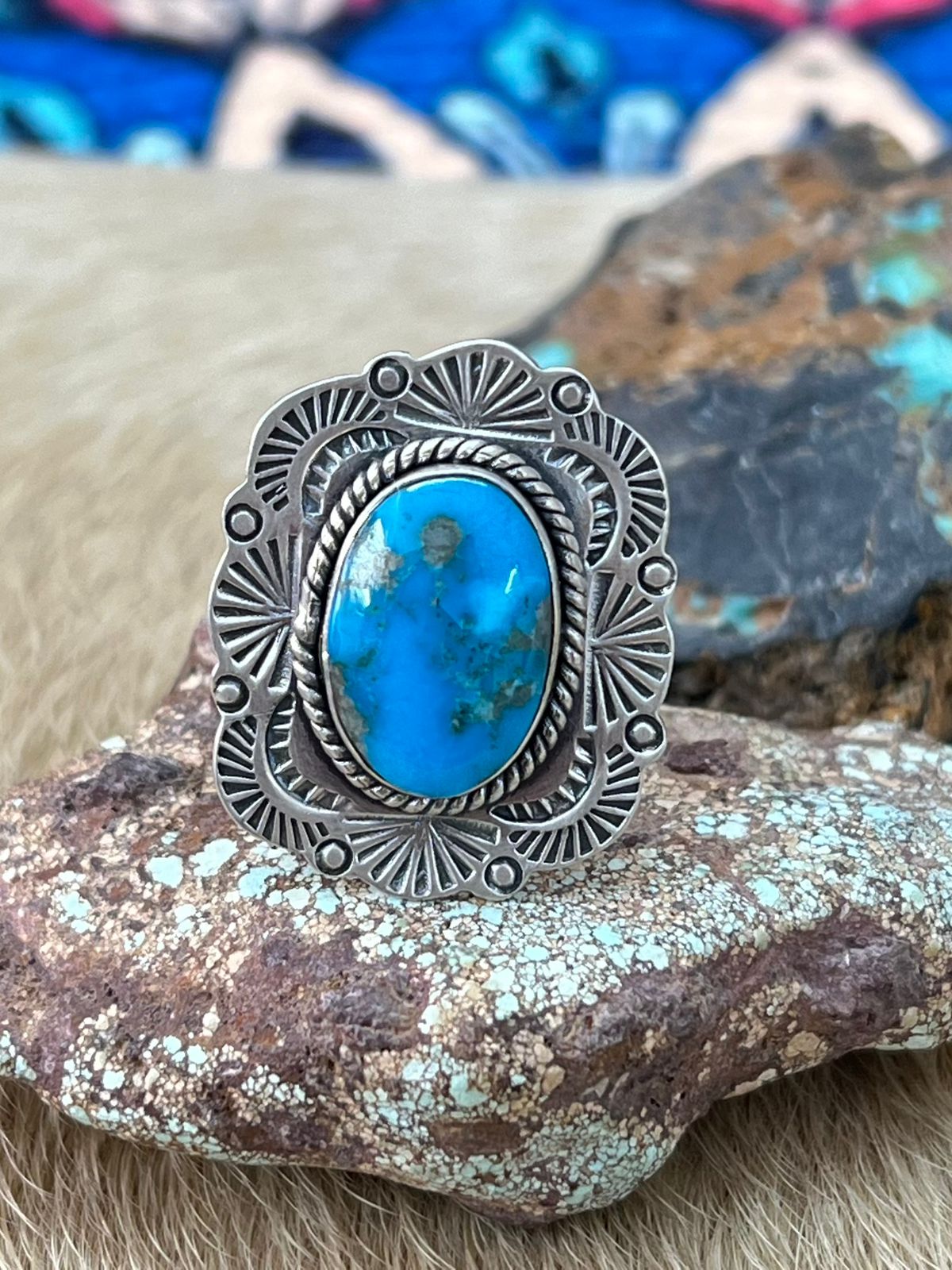 Handmade Sterling Silver Arizona Blue Turquoise Adjustable Ring "Signed Nizhoni"