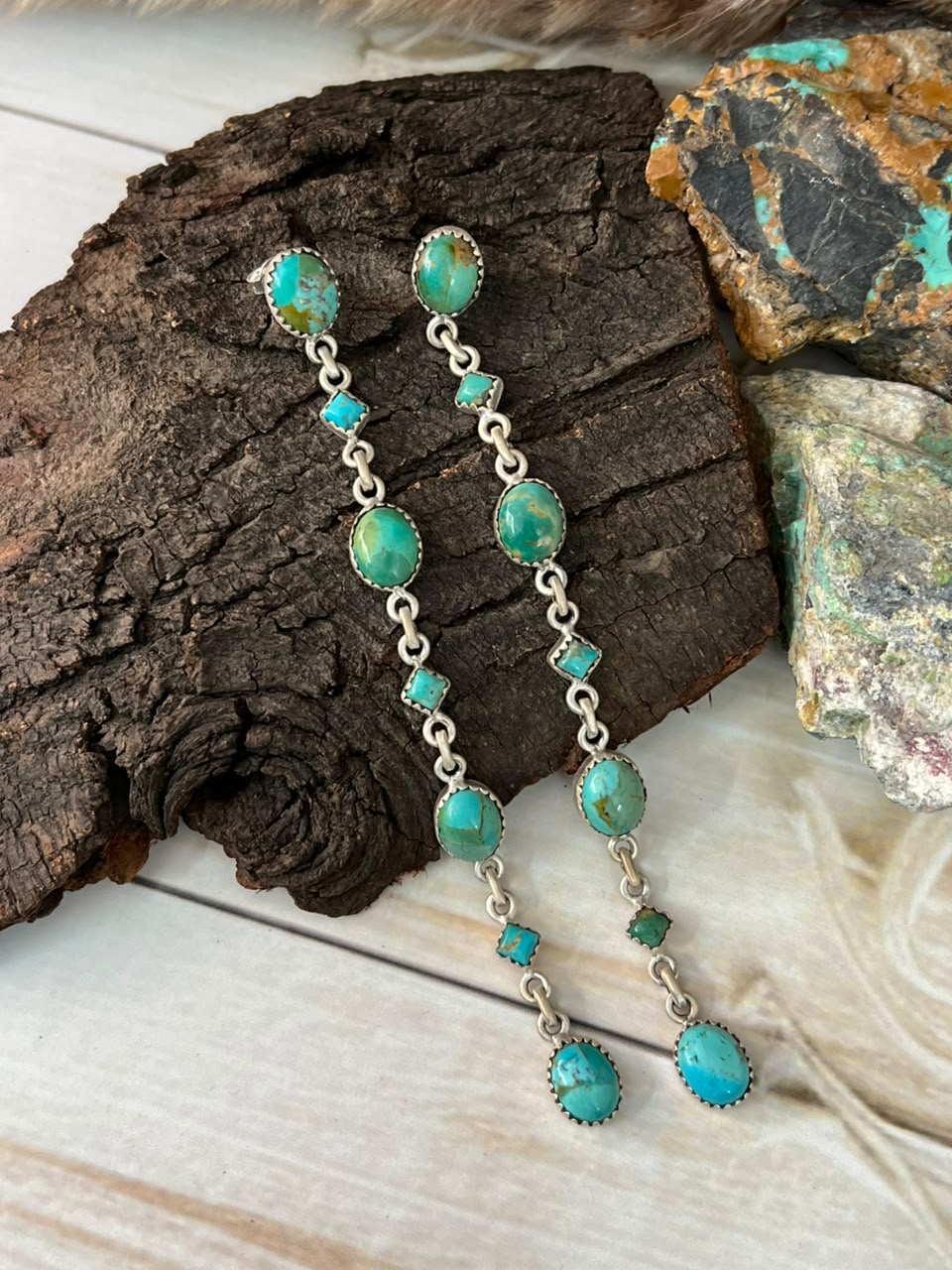 Handmade Sterling Silver Kingman Turquoise Post Dangle Earrings Signed Nizhoni