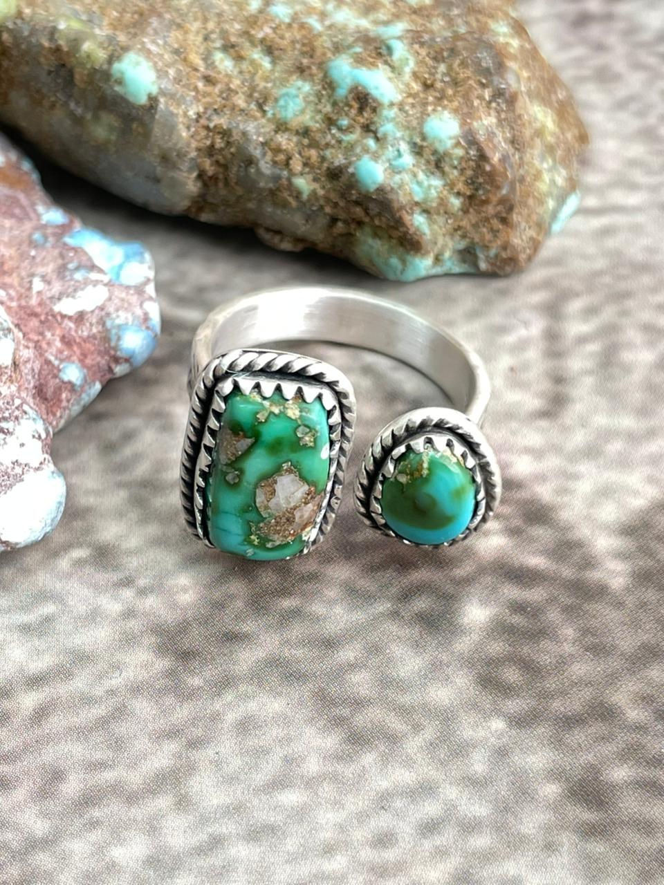 Handmade Sterling Silver Sonoran Mountain Turquoise Adjustable Ring with Signed Nizhoni