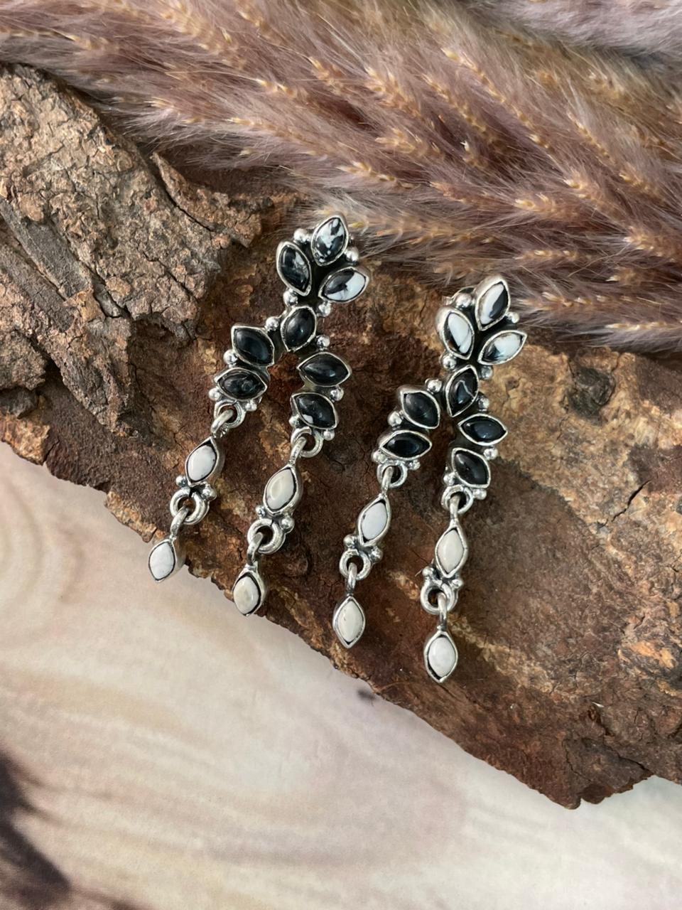 Handmade Sterling Silver White Buffalo Post Dangle Earrings Signed Nizhoni