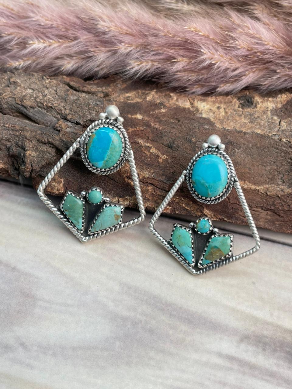 Handmade Sterling Silver Kingman Turquoise Post Earrings Signed Nizhoni