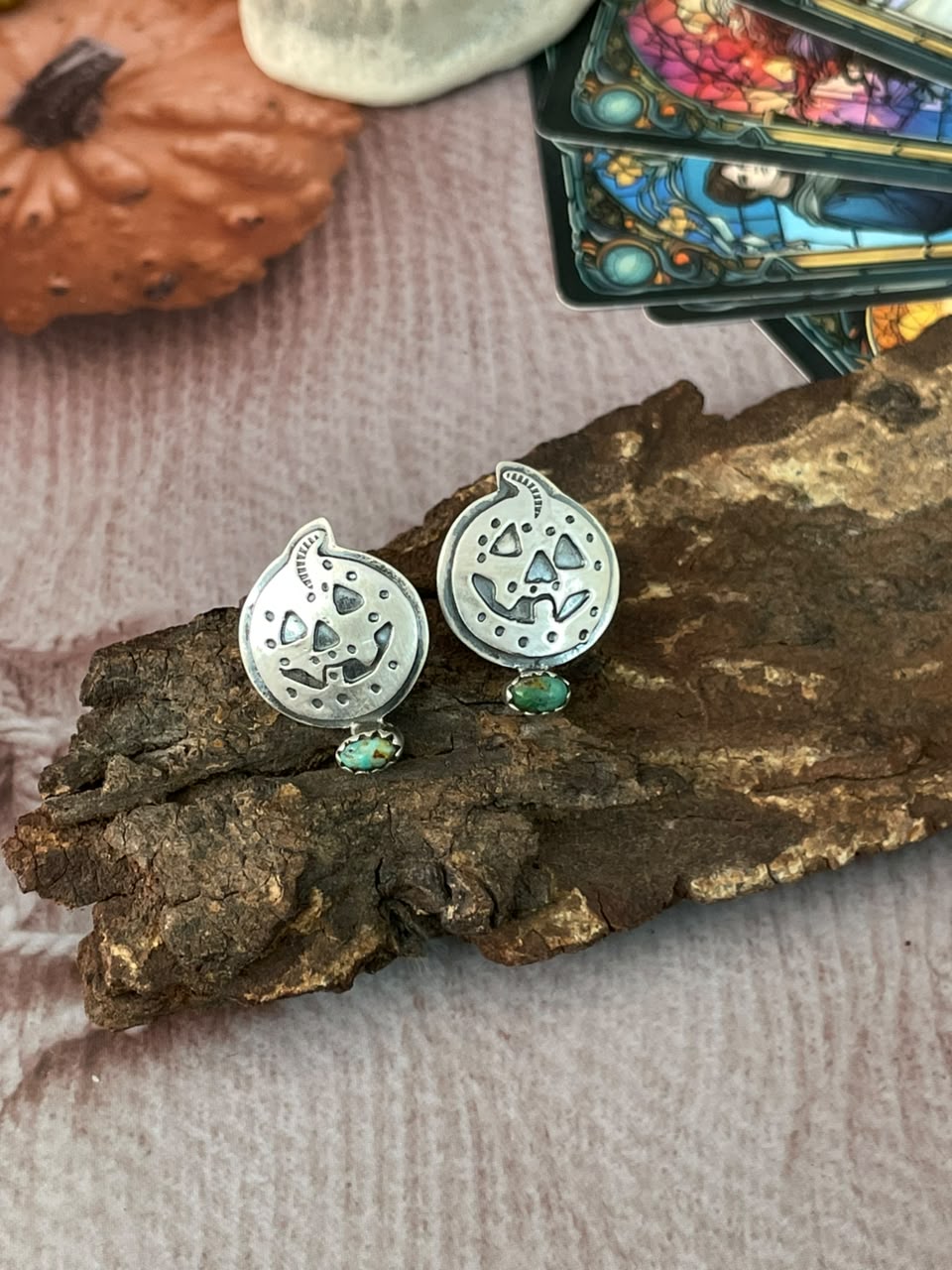 Handmade Sterling Silver Kingman Turquoise Halloween Collection: Post Studs Earrings Signed Nizhoni