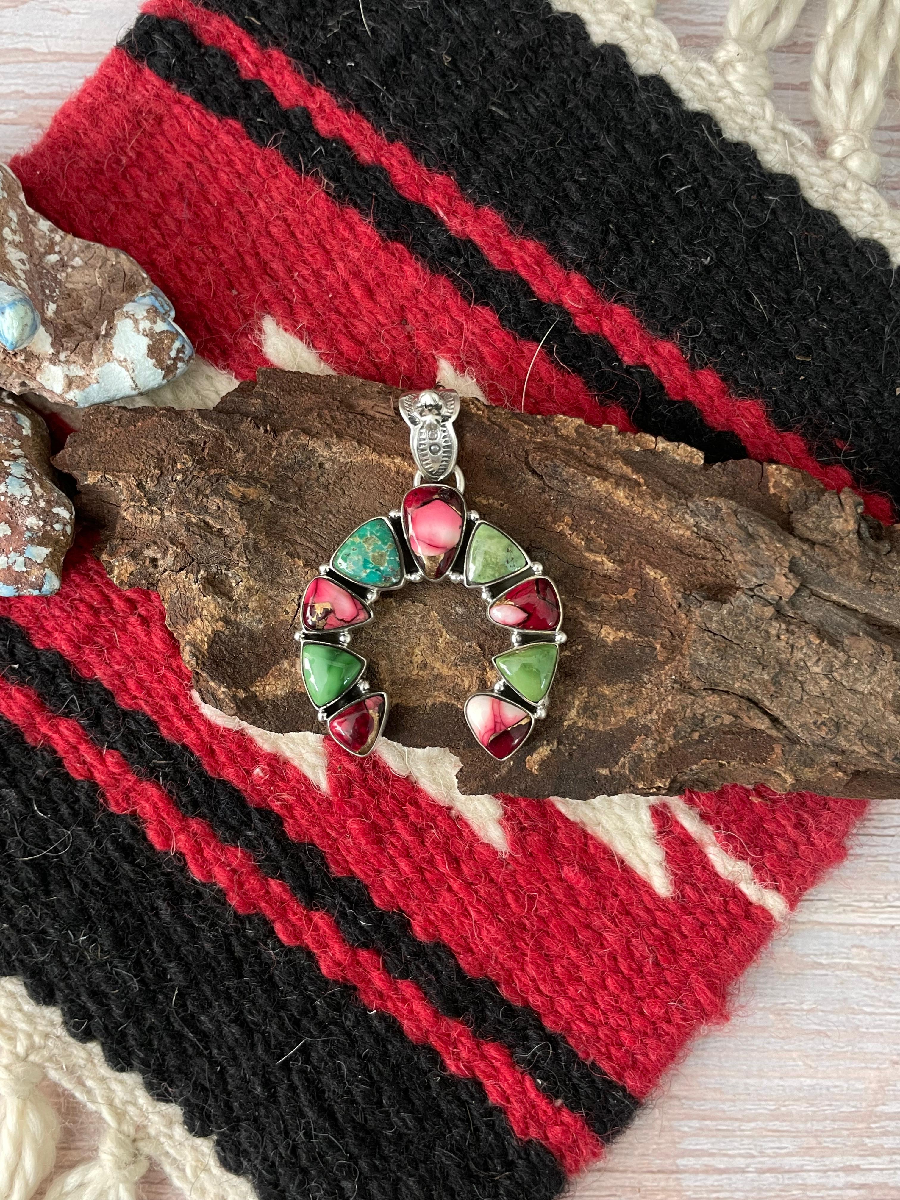 Handmade Sterling Silver Dahlia Rose with Emerald Valley Turquoise Pendant "Signed Nizhoni"