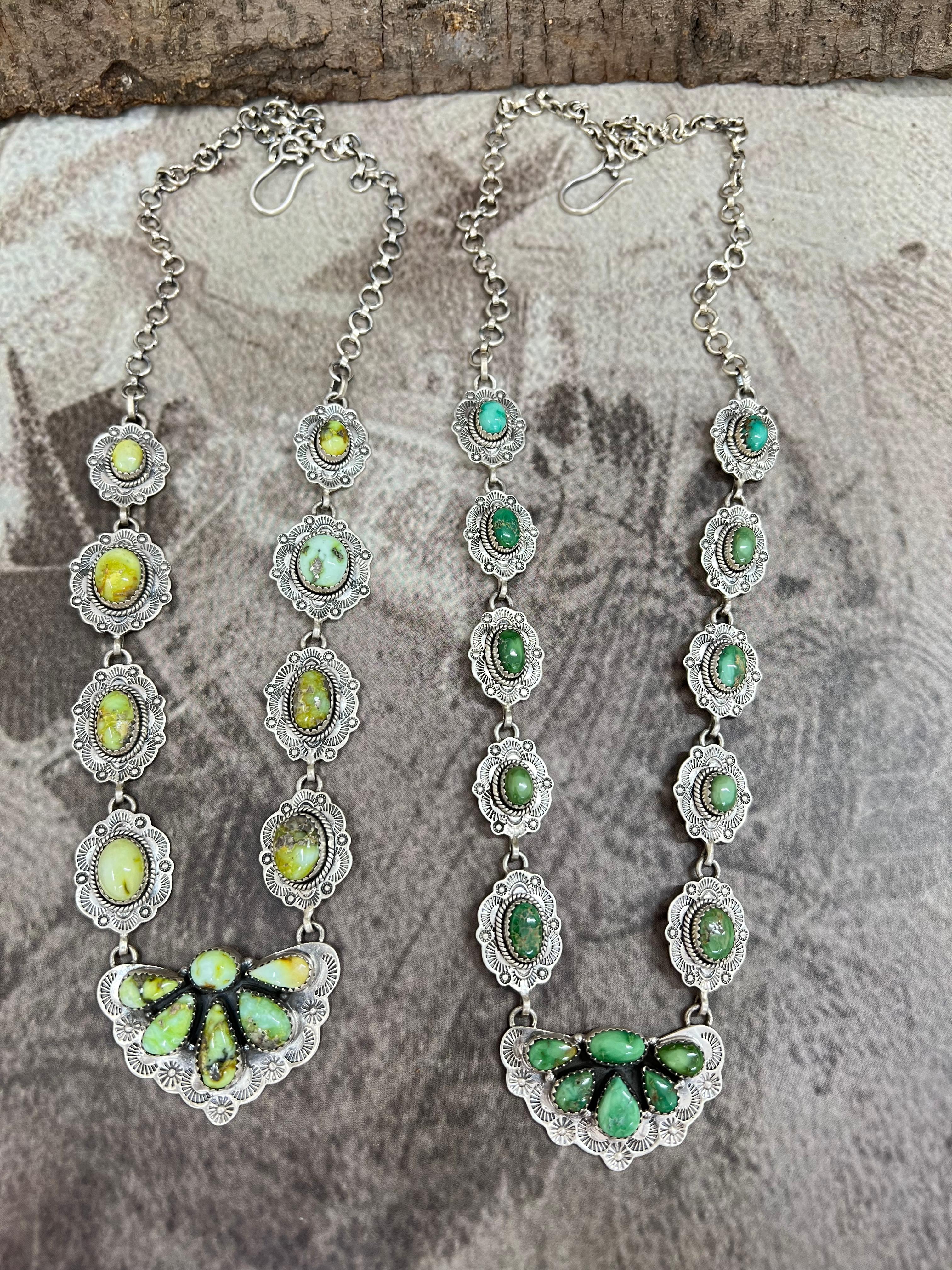 Handmade Sterling Silver Palomino, Sonoran Mountain Turquoise Necklace with Signed Nizhoni