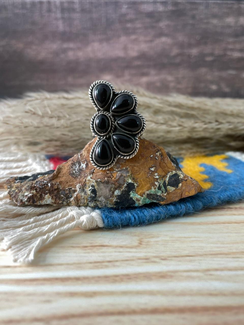 Handmade Sterling Silver Black Onyx Adjustable Ring "Signed Nizhoni"