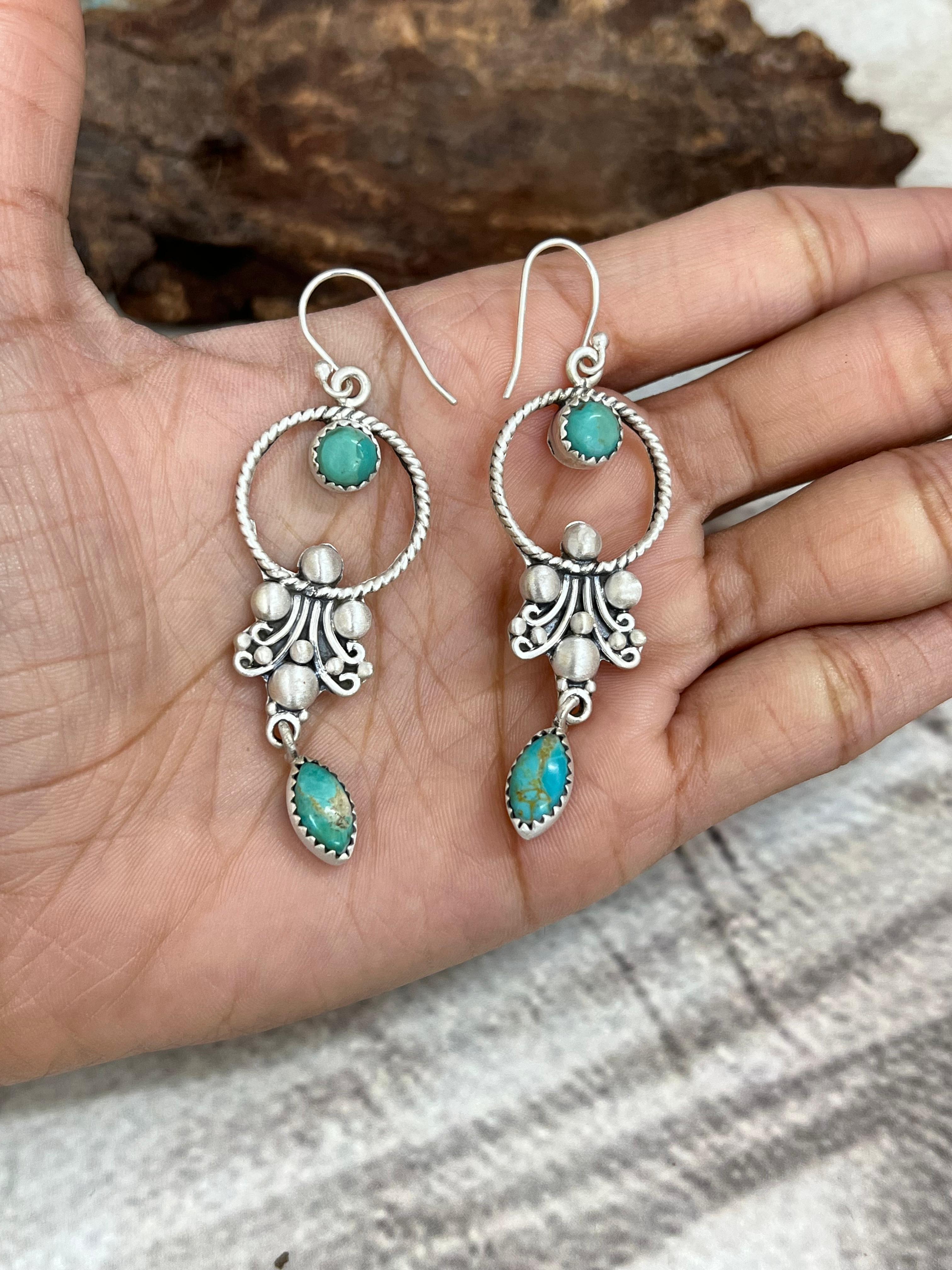 Handmade Sterling Silver Kingman Turquoise Hook Earrings with Signed Nizhoni