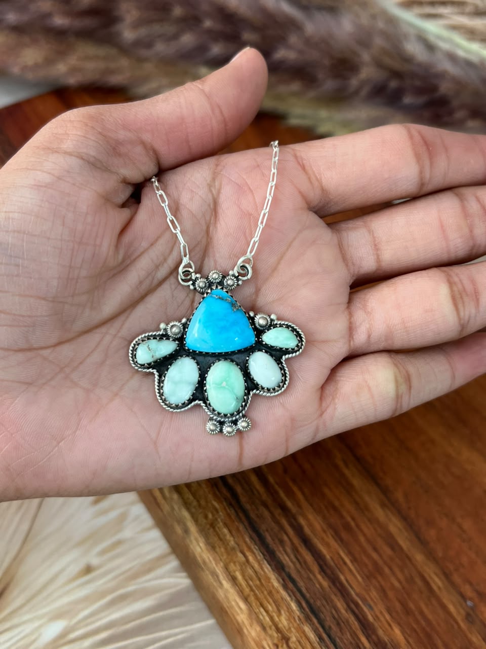Handmade Sterling Silver Paloma with Sierra Bella Turquoise Necklace Signed Nizhoni