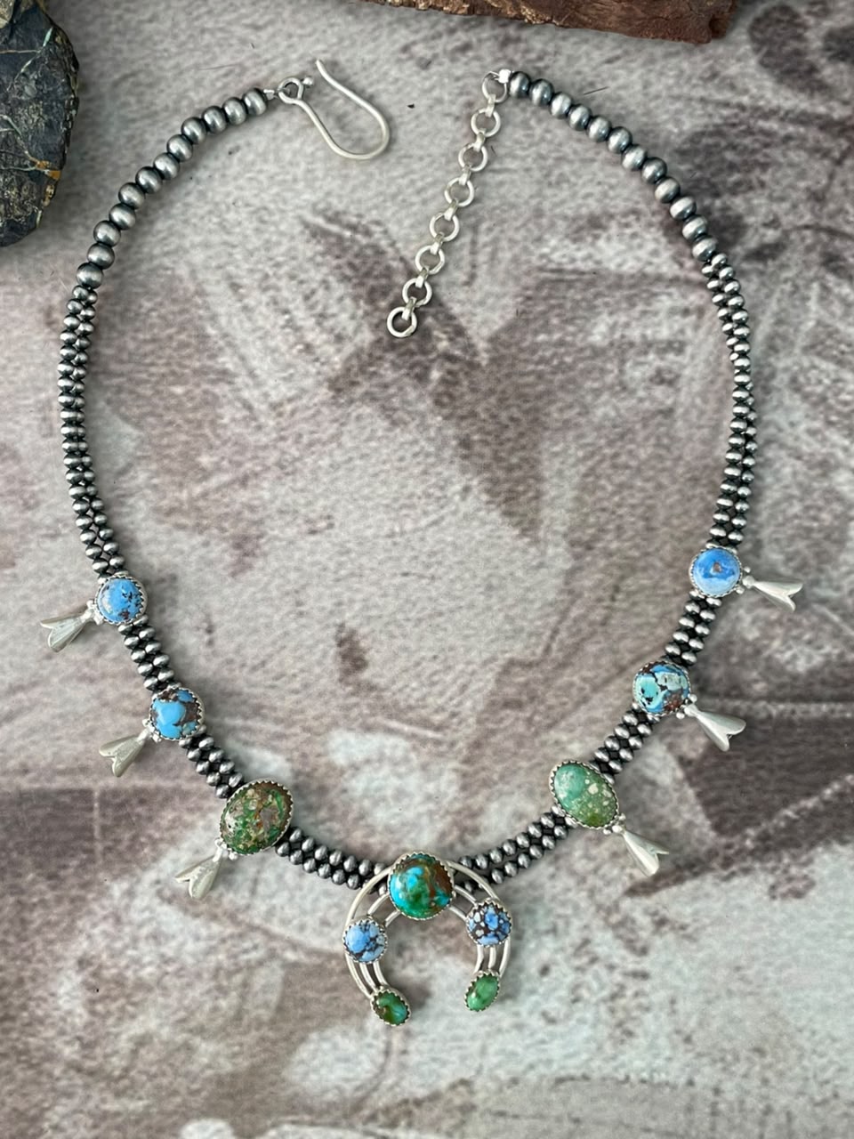 Handmade Sterling Silver Golden Hills with Sonoran Mountain Turquoise Beaded Squash Blossom Naja Necklace Signed Nizhoni