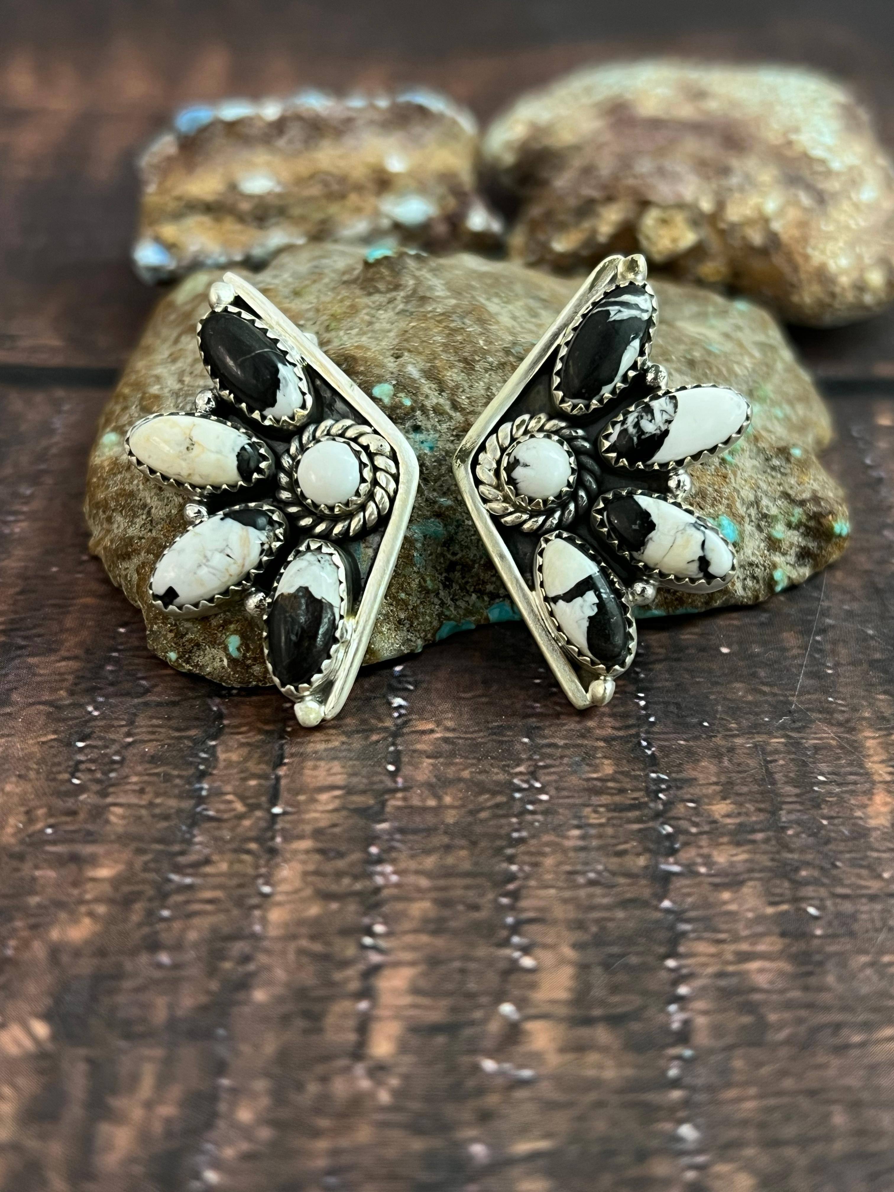 Handmade Sterling Silver White Buffalo Studs with Signed Nizhoni