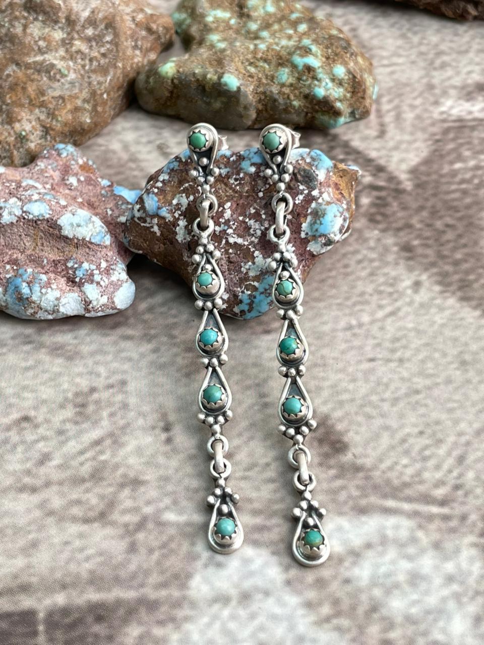 Handmade Sterling Silver Kingman Turquoise Post Dangle Earrings with Signed Nizhoni