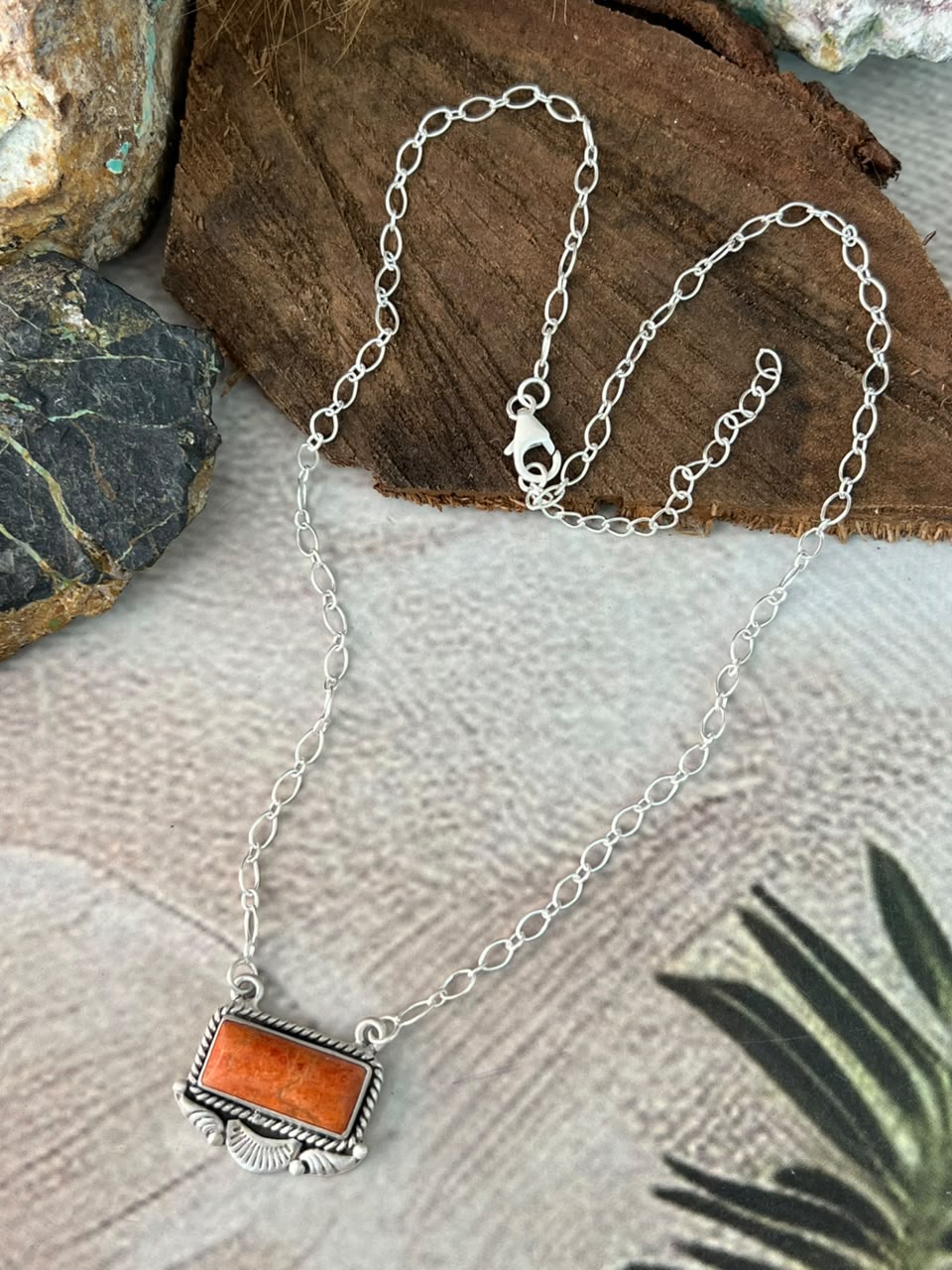 Handmade Sterling Silver Orange Mojave Necklace Signed Nizhoni