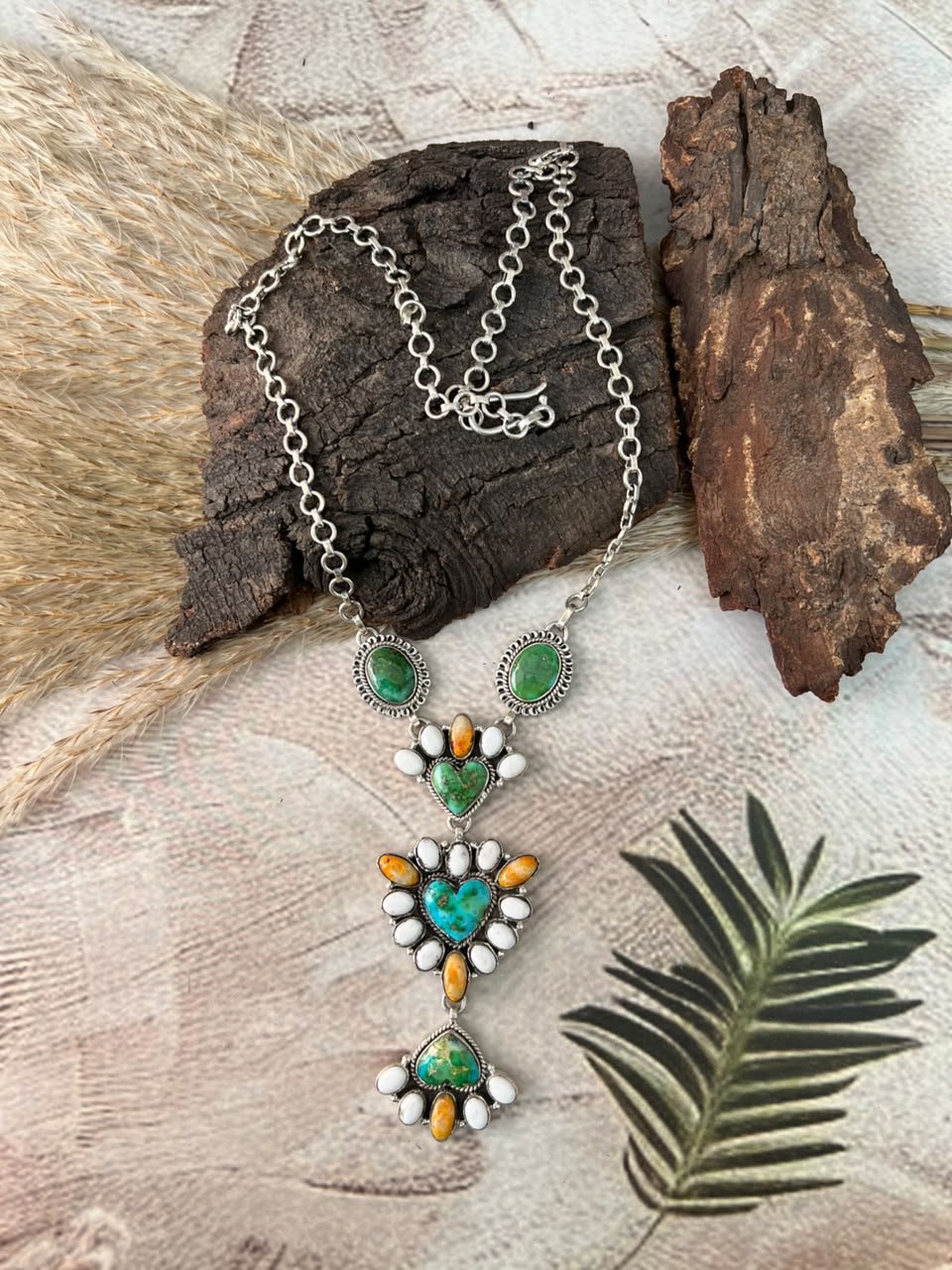Handmade Sterling Silver Sonoran Mountain Turquoise with Bumblebee and White Buffalo Spring Collection: Necklace Signed Nizhoni