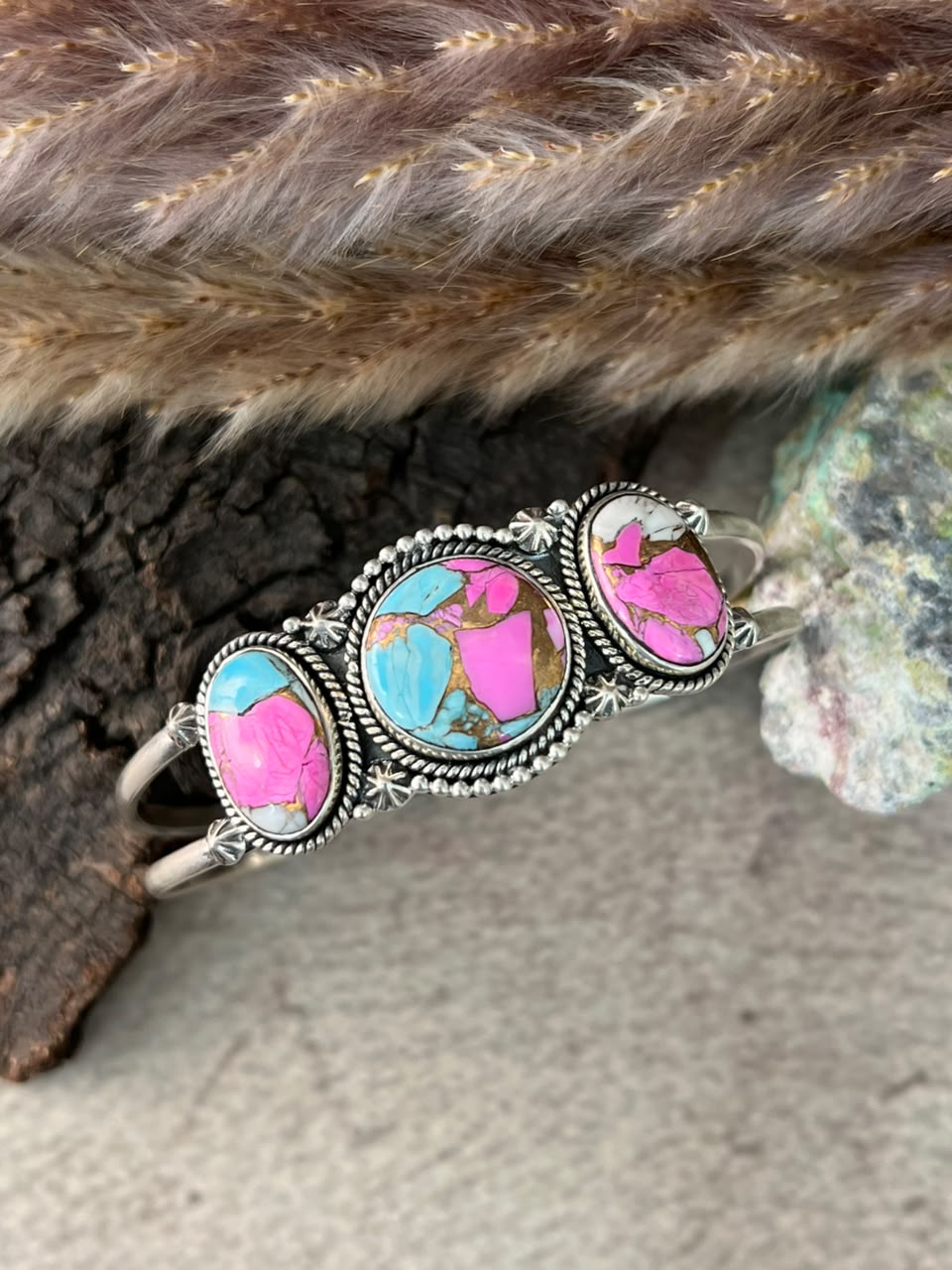 Handmade Sterling Silver Cotton Candy Cuff Bracelet Signed Nizhoni