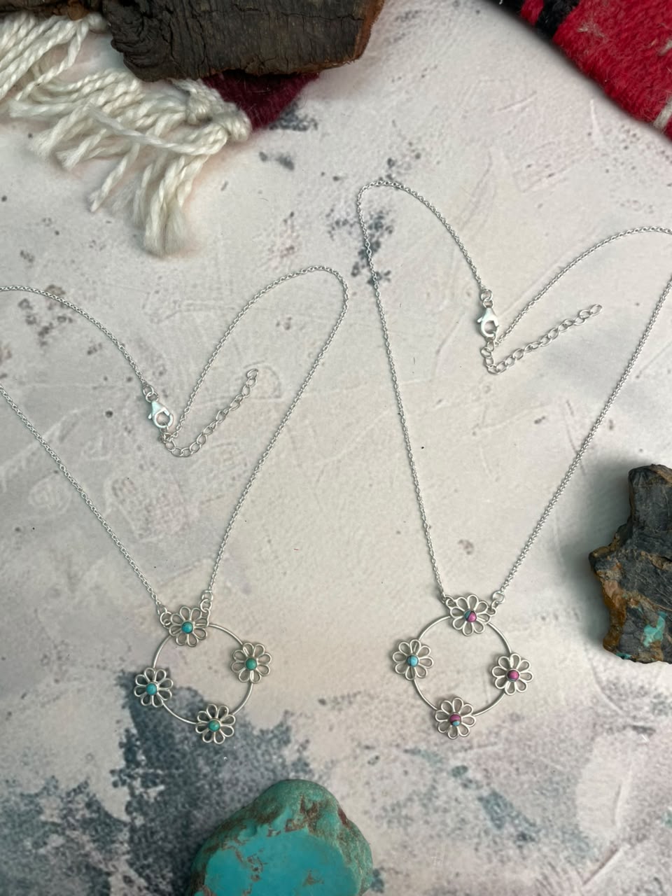 Handmade Sterling Silver Cotton Candy and Kingman Turquoise Flower Collection: Necklace