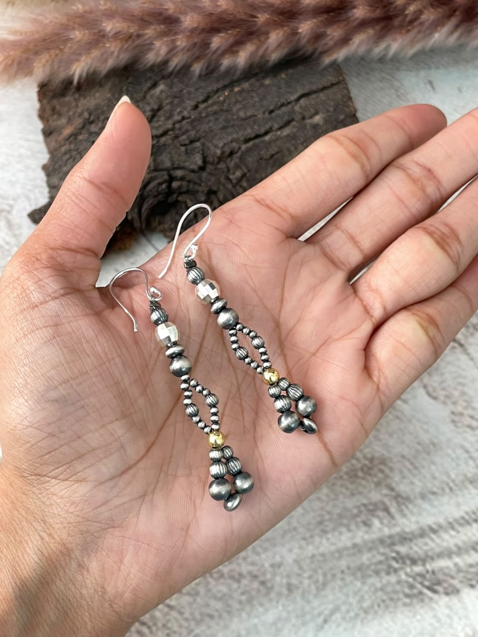 Handmade Sterling Silver Hook Dangle Gold Shiny Beaded Earrings