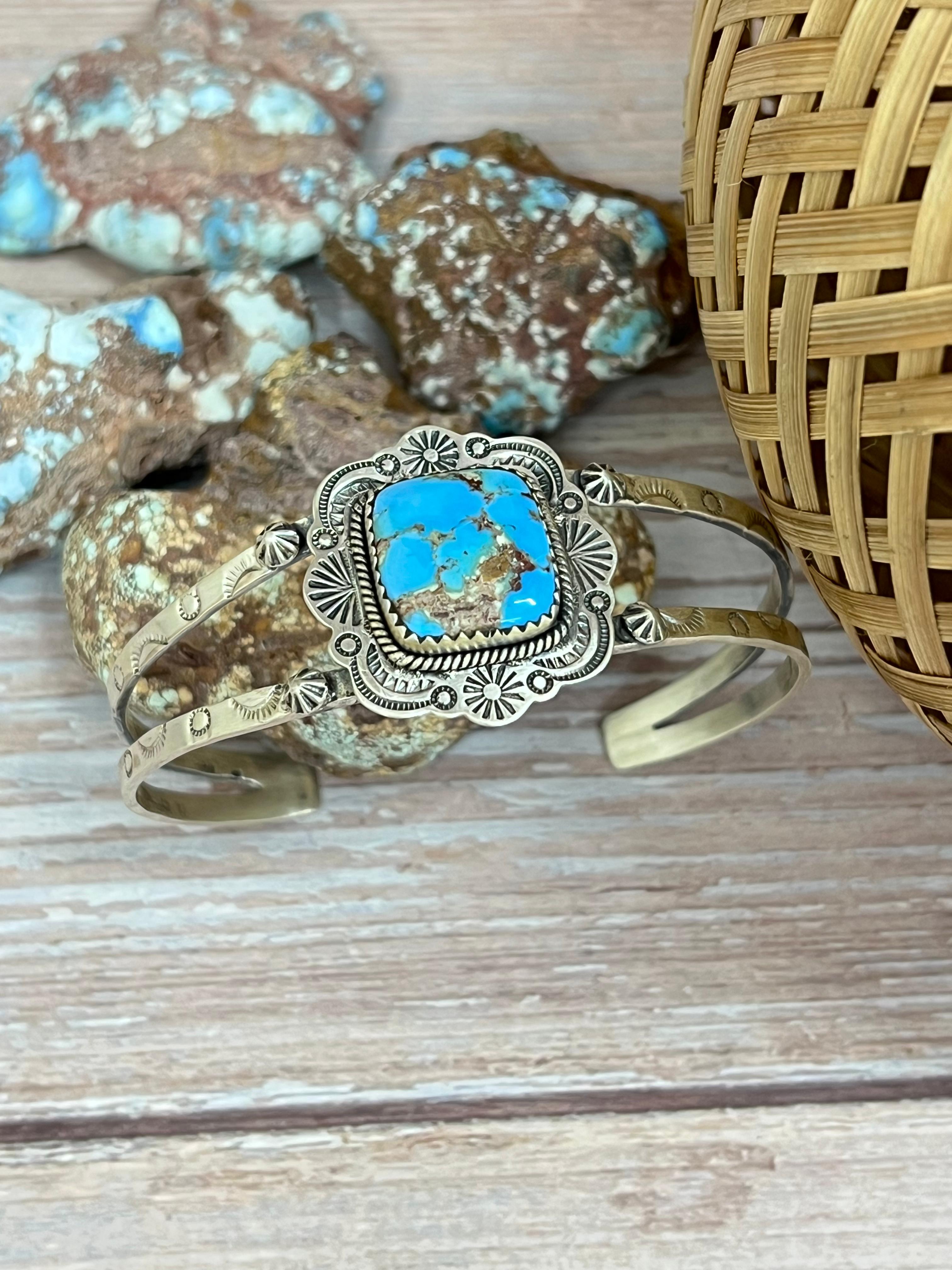 Handmade Sterling Silver Golden Hills Turquoise Cuff Bracelet with Signed Nizhoni