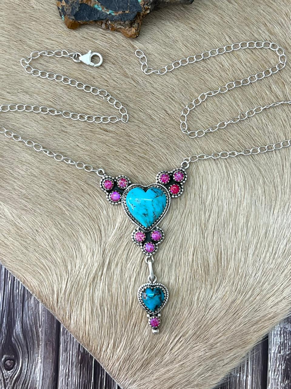 Handmade Sterling Silver Arizona Turquoise with Hot Pink Necklace "Signed Nizhoni"