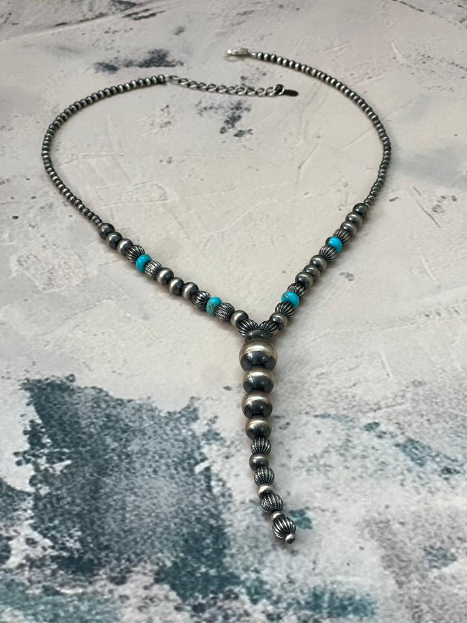 Handmade Sterling Silver Beaded Kingman Turquoise Necklace "Signed Nizhoni"