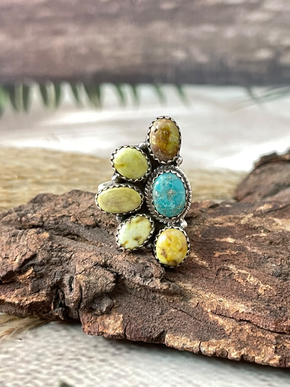 Handmade Sterling Silver White Water with Palomino Turquoise Adjustable Ring Signed Nizhoni (2)