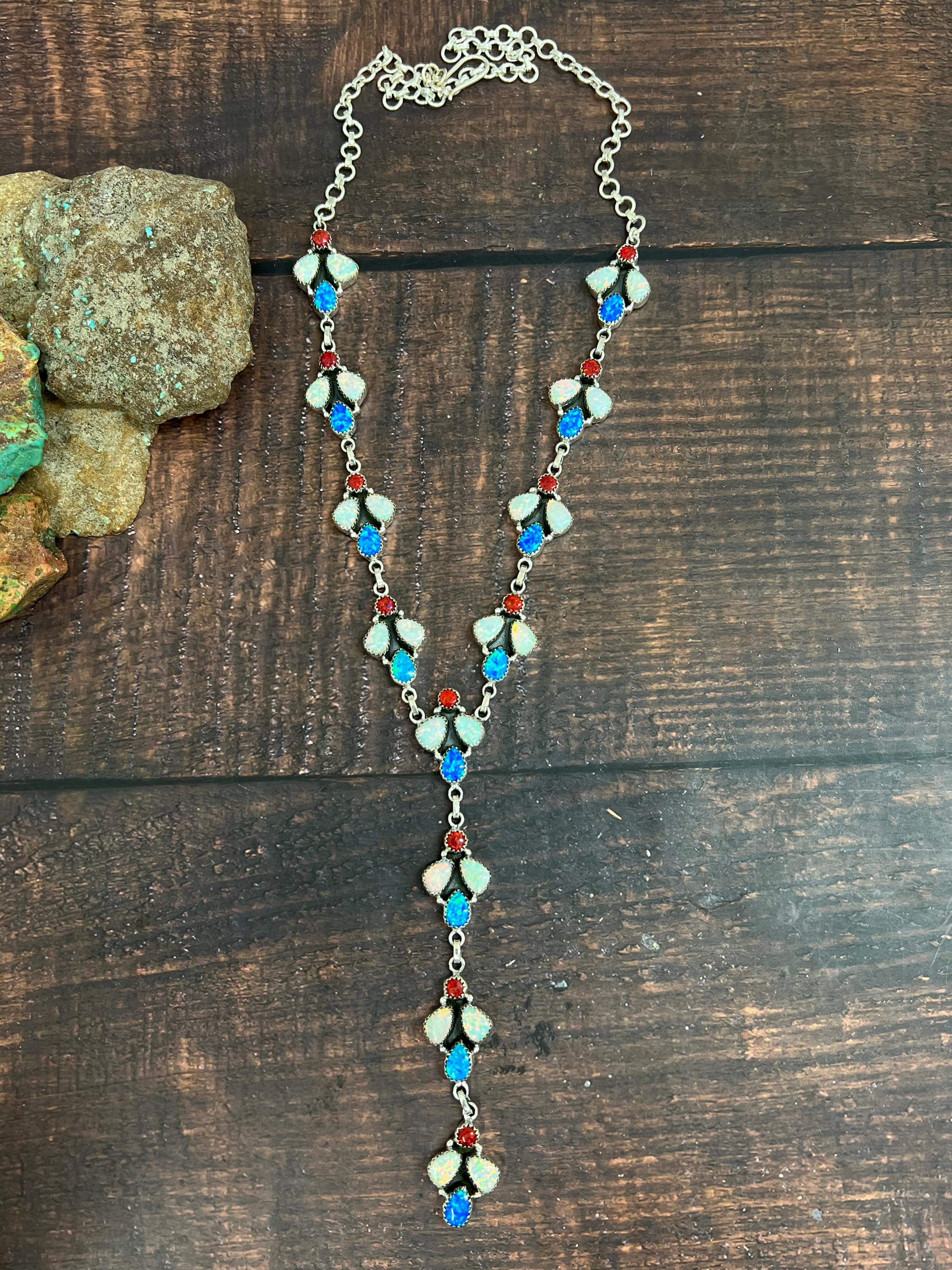 ** 4TH OF JULY ** Handmade Sterling Silver Synthetic Opal Necklace with Signed Nizhoni