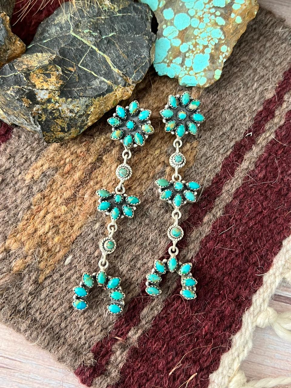 Handmade Sterling Silver Kingman Turquoise Post Dangle Earrings "Signed Nizhoni"