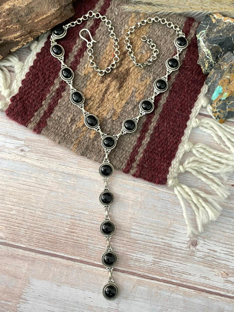 Handmade Sterling Silver Black Onyx 'Y Shaped' Necklace "Signed Nizhoni"